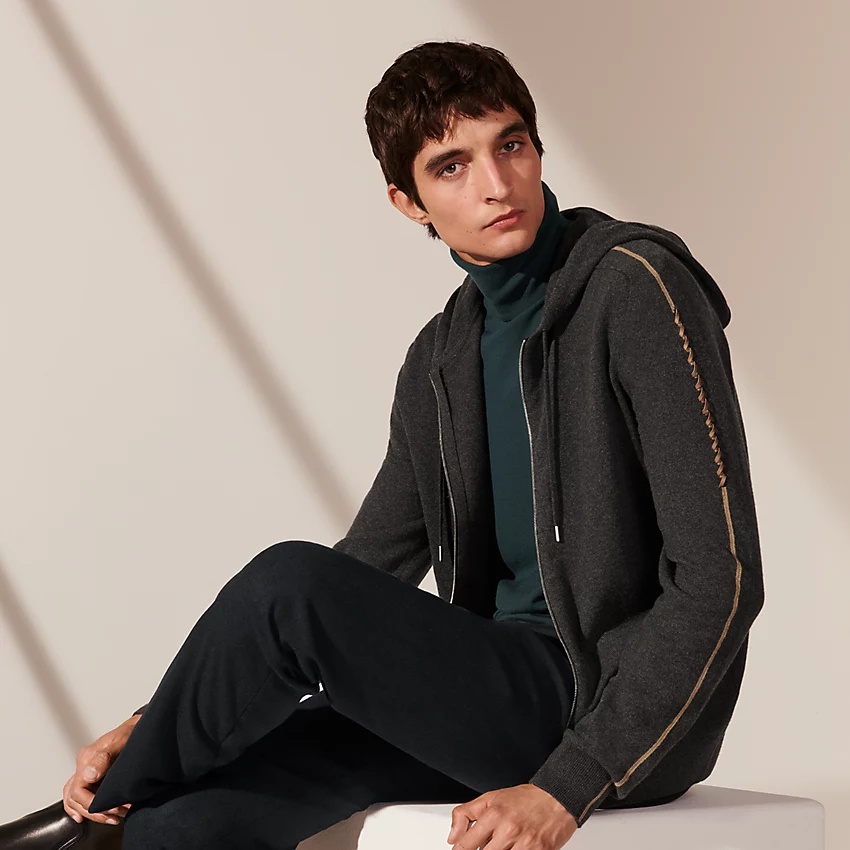 Zipped hooded sweater with leather braid detail - 1