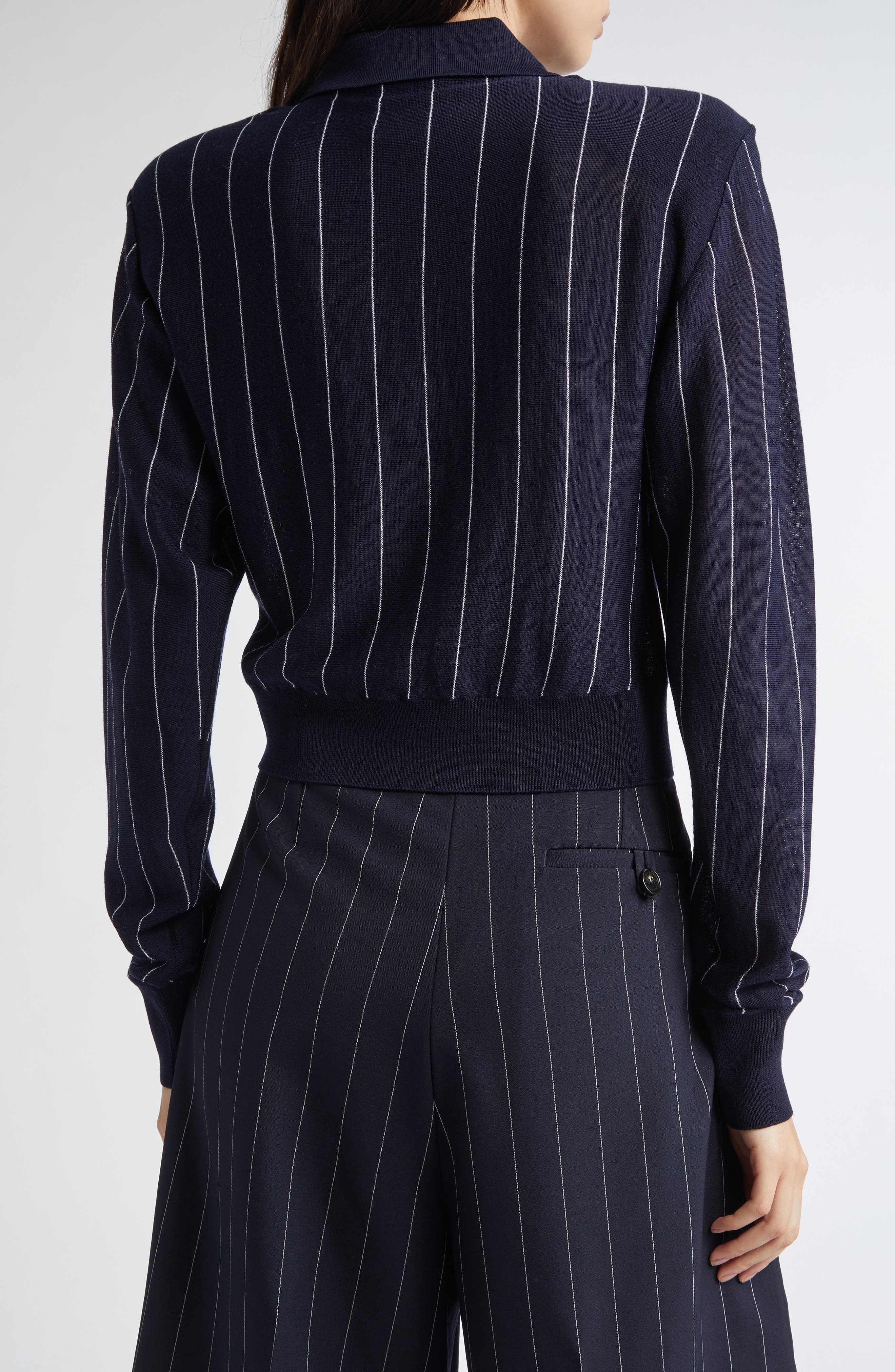 Stella McCartney Pinstripe Long Sleeve Virgin Wool Crop Polo in Ink/White at Nordstrom - 3
