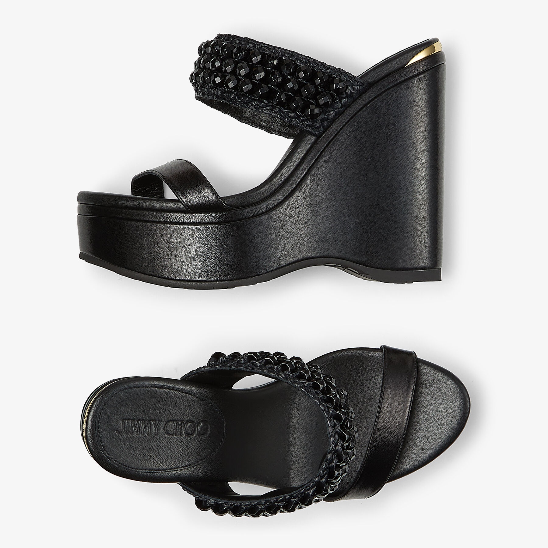 Amoure Wedge 130
Black Nappa Leather Wedge Sandals with Beaded Raffia - 5