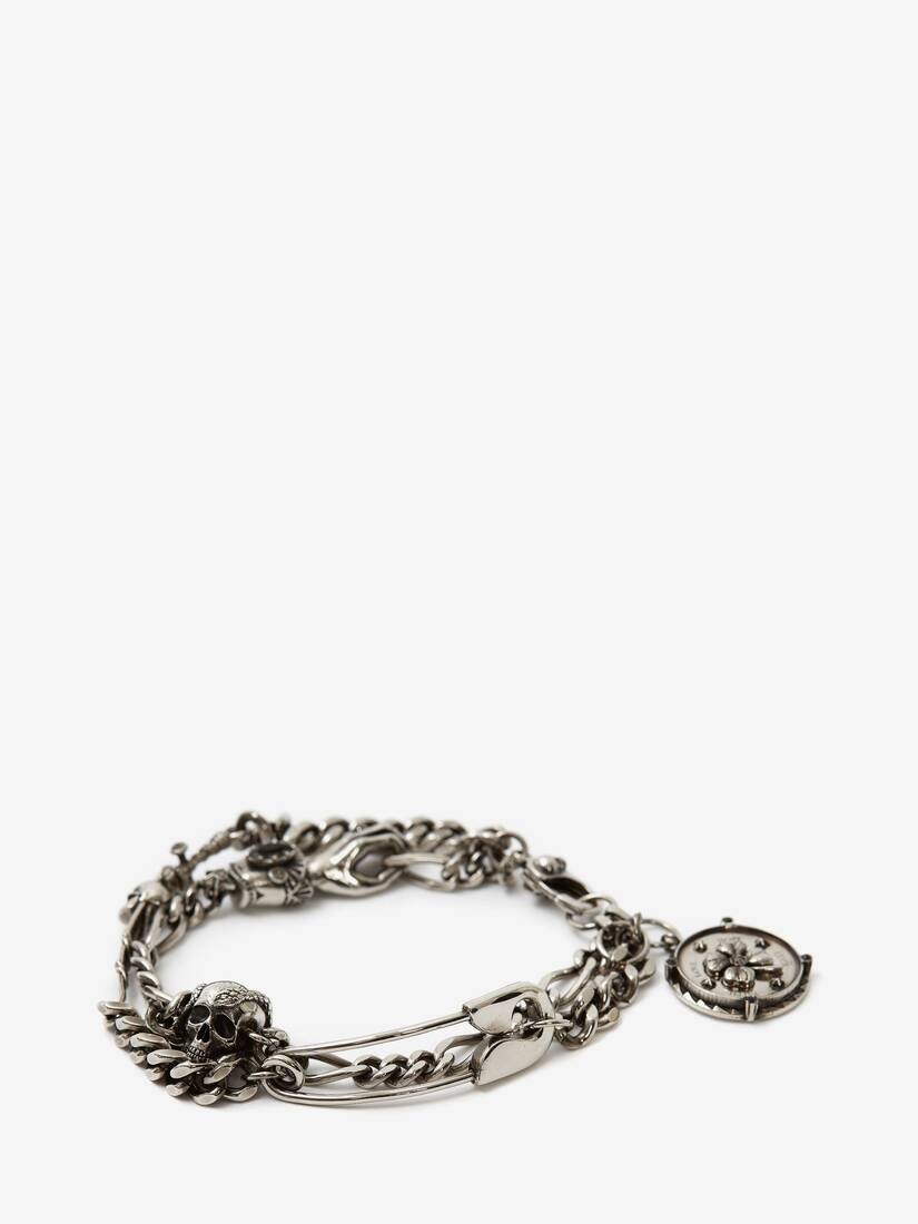 Safety Pin And Medallion Chain Bracelet in Antique Silver - 1