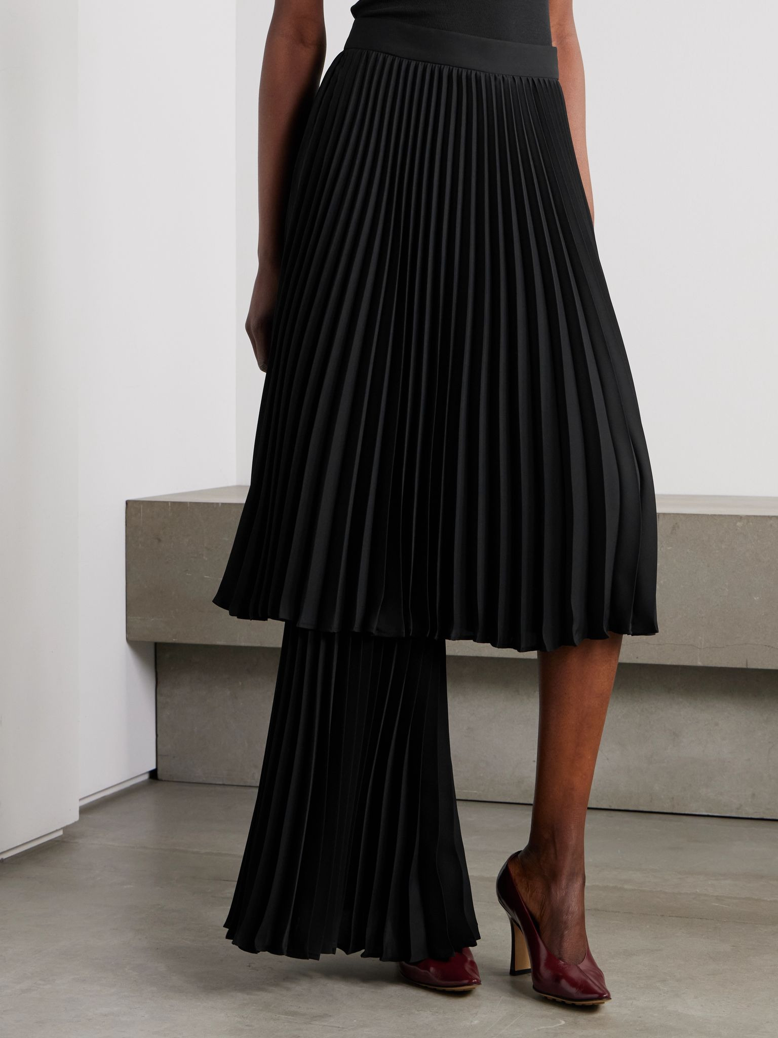 Layered pleated twill midi skirt Black - 3