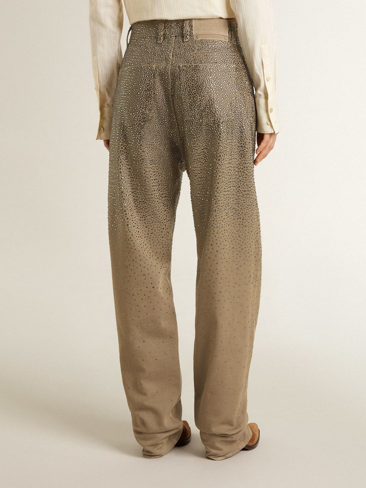 Women's khaki cotton pants with gradient Swarovski effect - 4