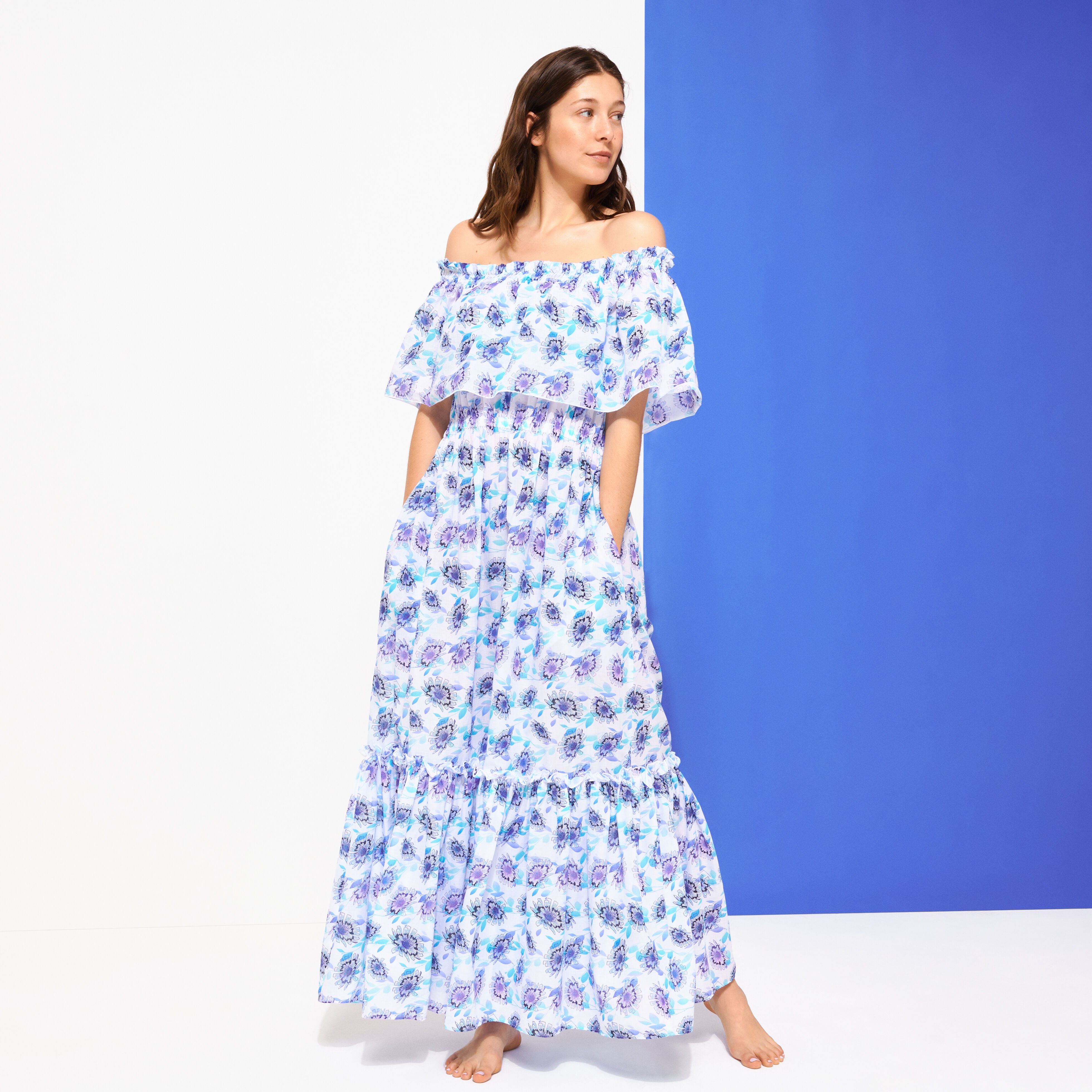 Women Long Off the Shoulders Cotton Dress Flash Flowers - 6