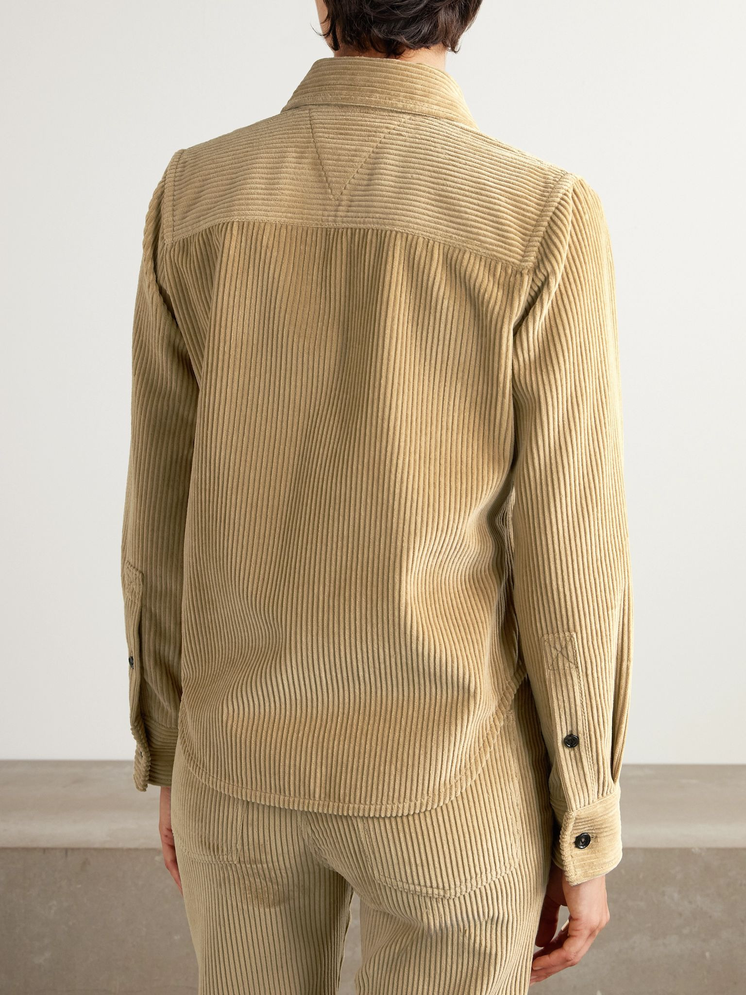 Leather-trimmed cotton-corduroy shirt Ecru - 3