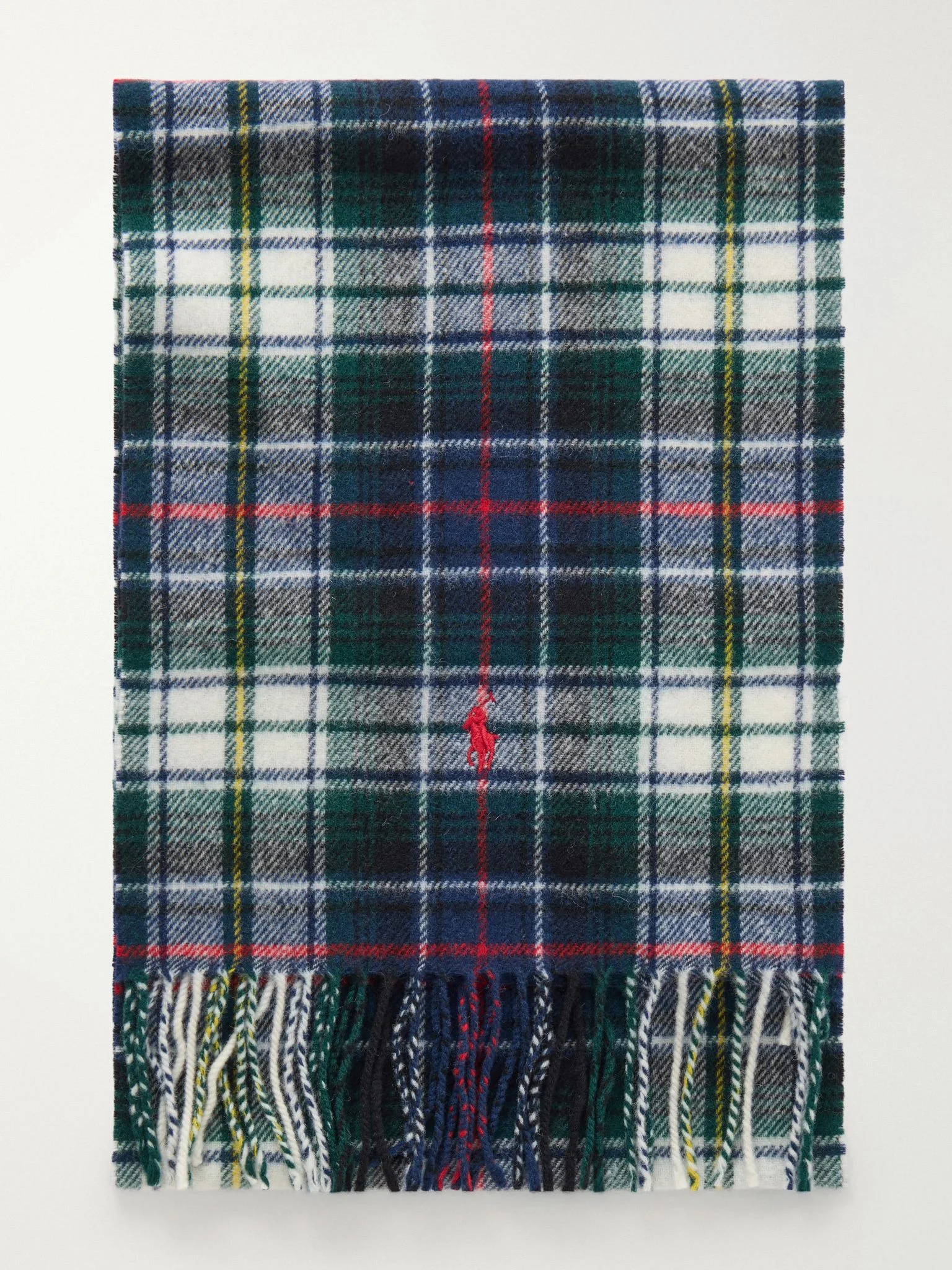 Logo-Embroidered Fringed Checked Recycled Wool-Blend Scarf Blue - 1