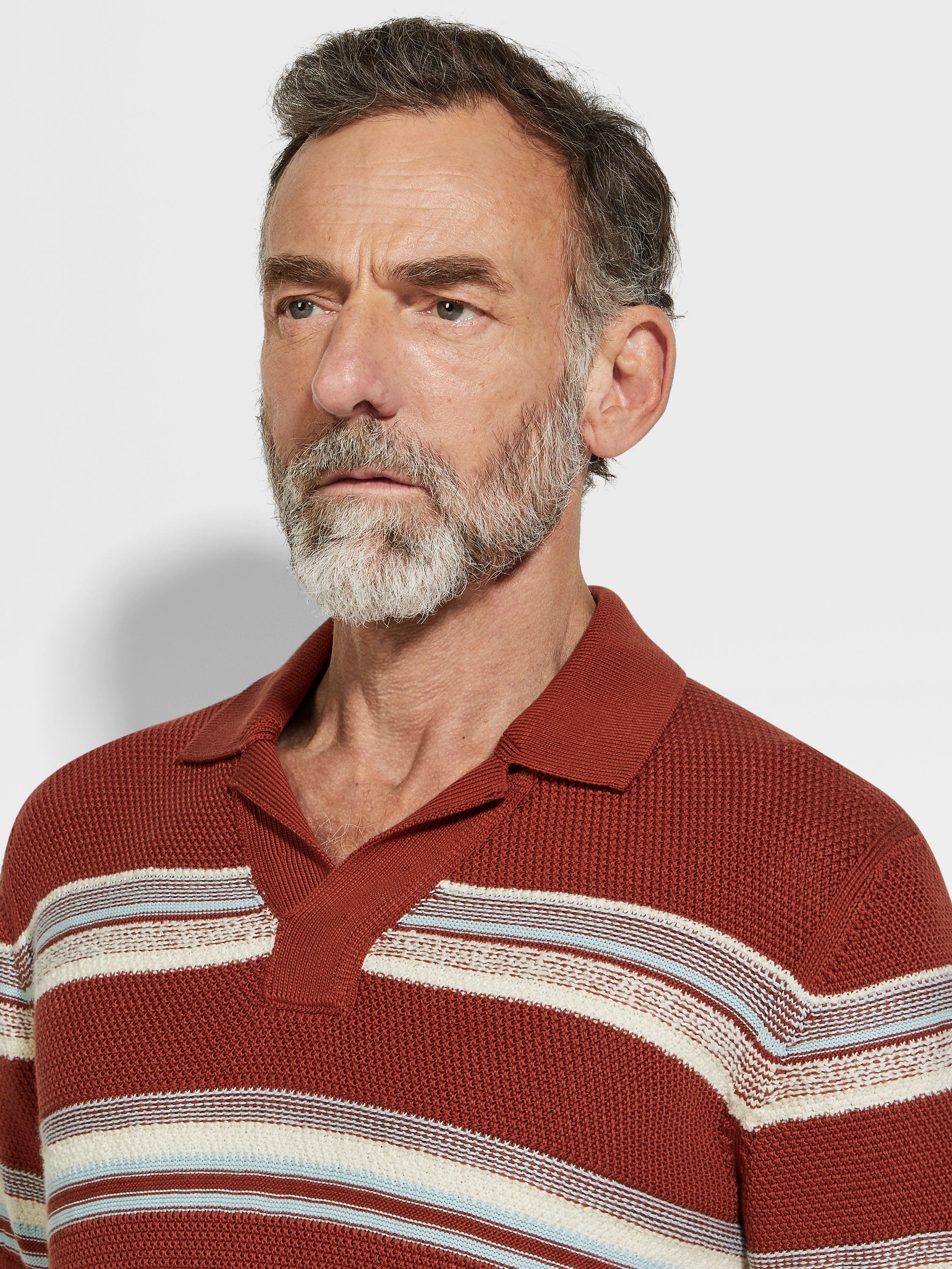 BRICK RED LIGHT BLUE AND WHITE COTTON AND SILK POLO SHIRT - 2