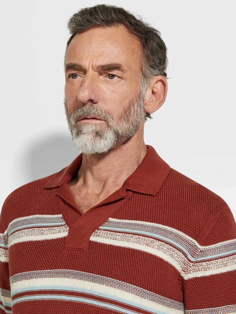 ZEGNA BRICK RED LIGHT BLUE AND WHITE COTTON AND SILK POLO SHIRT outlook