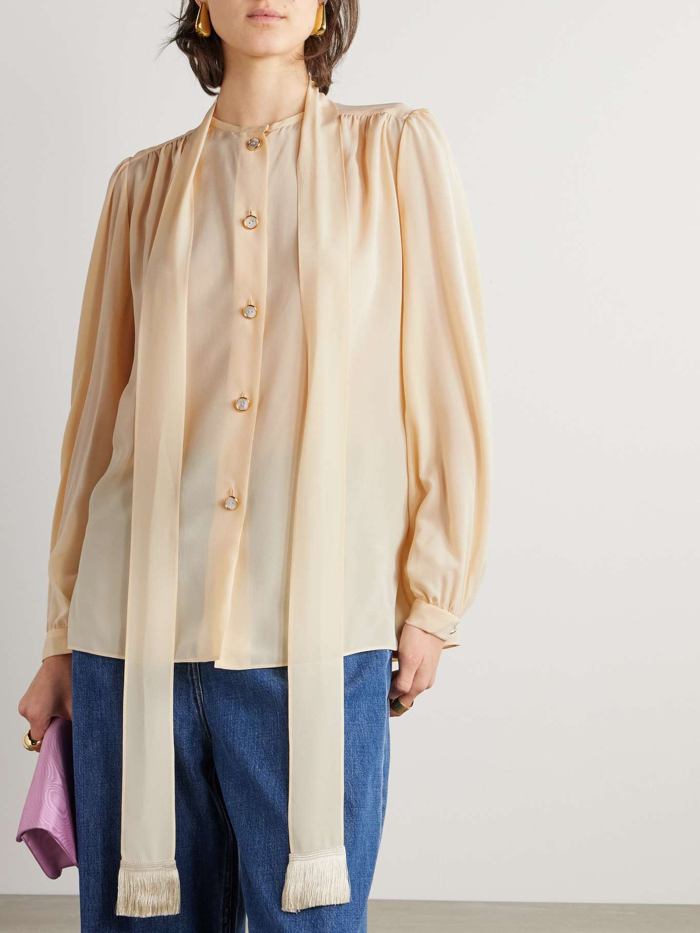Fringed pussy-bow silk-chiffon shirt Peach - 3
