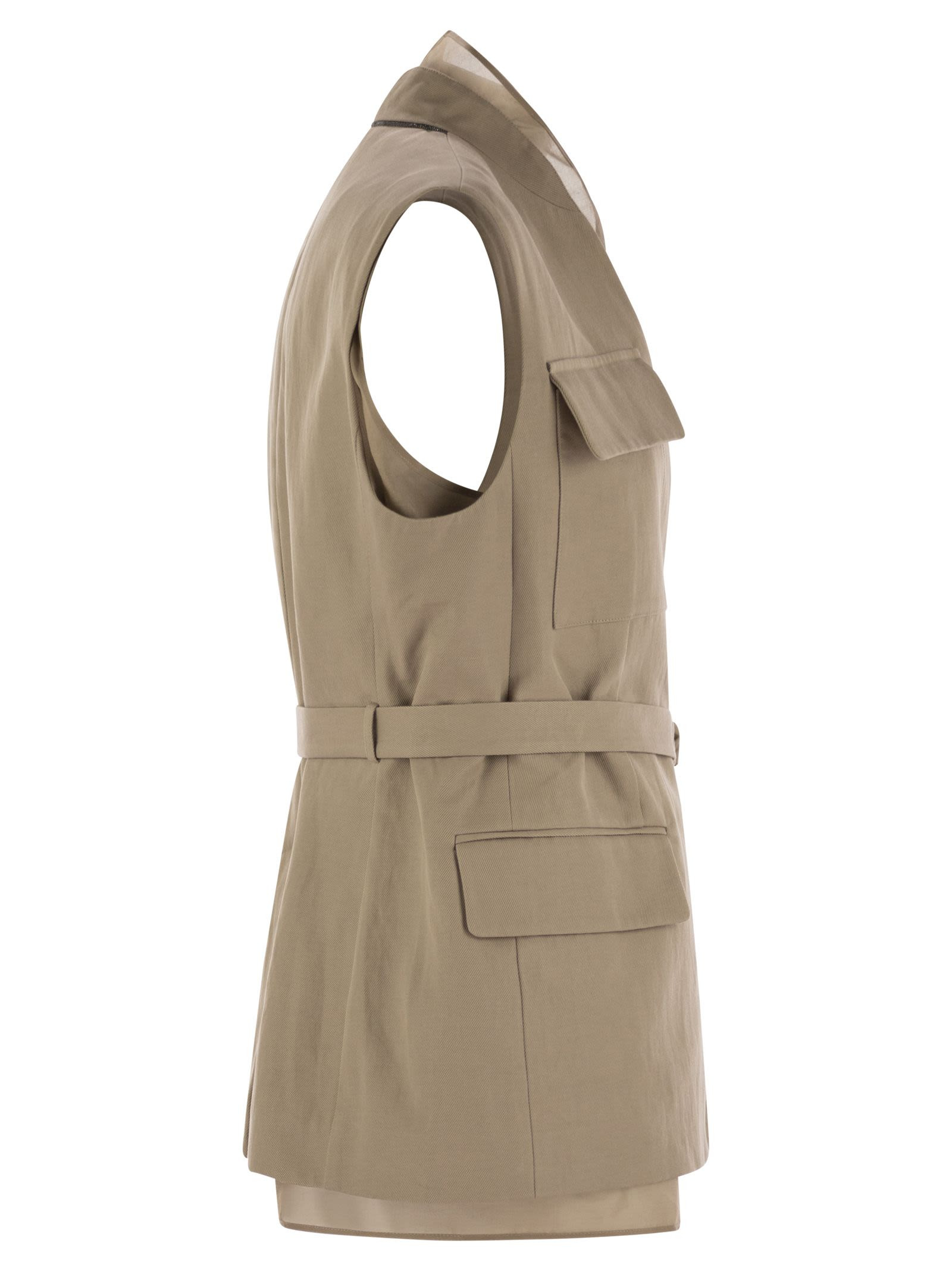Brunello Cucinelli Women Cotton And Linen Cover Gilet With Detachable Organza Insert And Necklace - 3