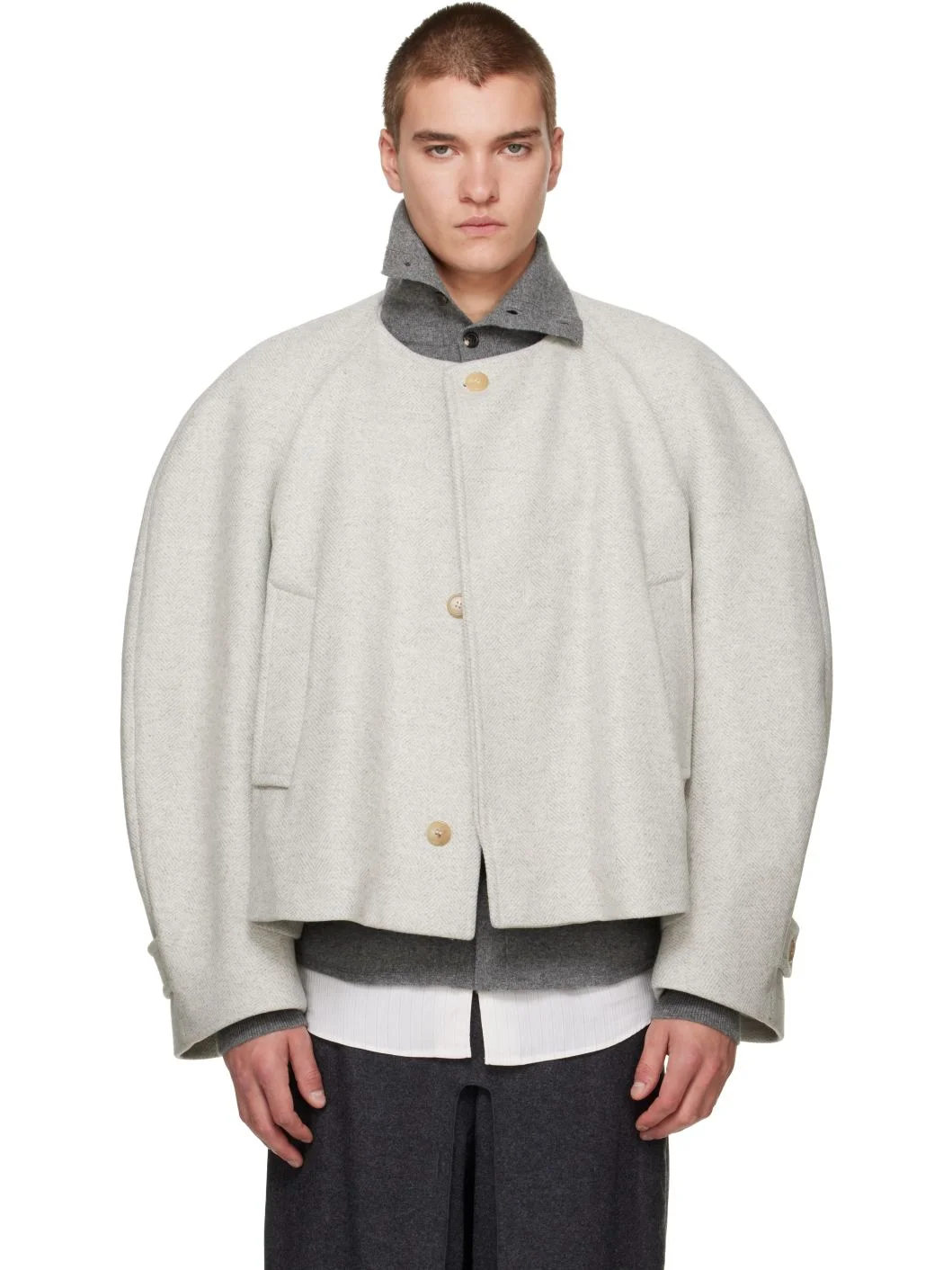 Gray Herringbone Coat - 1