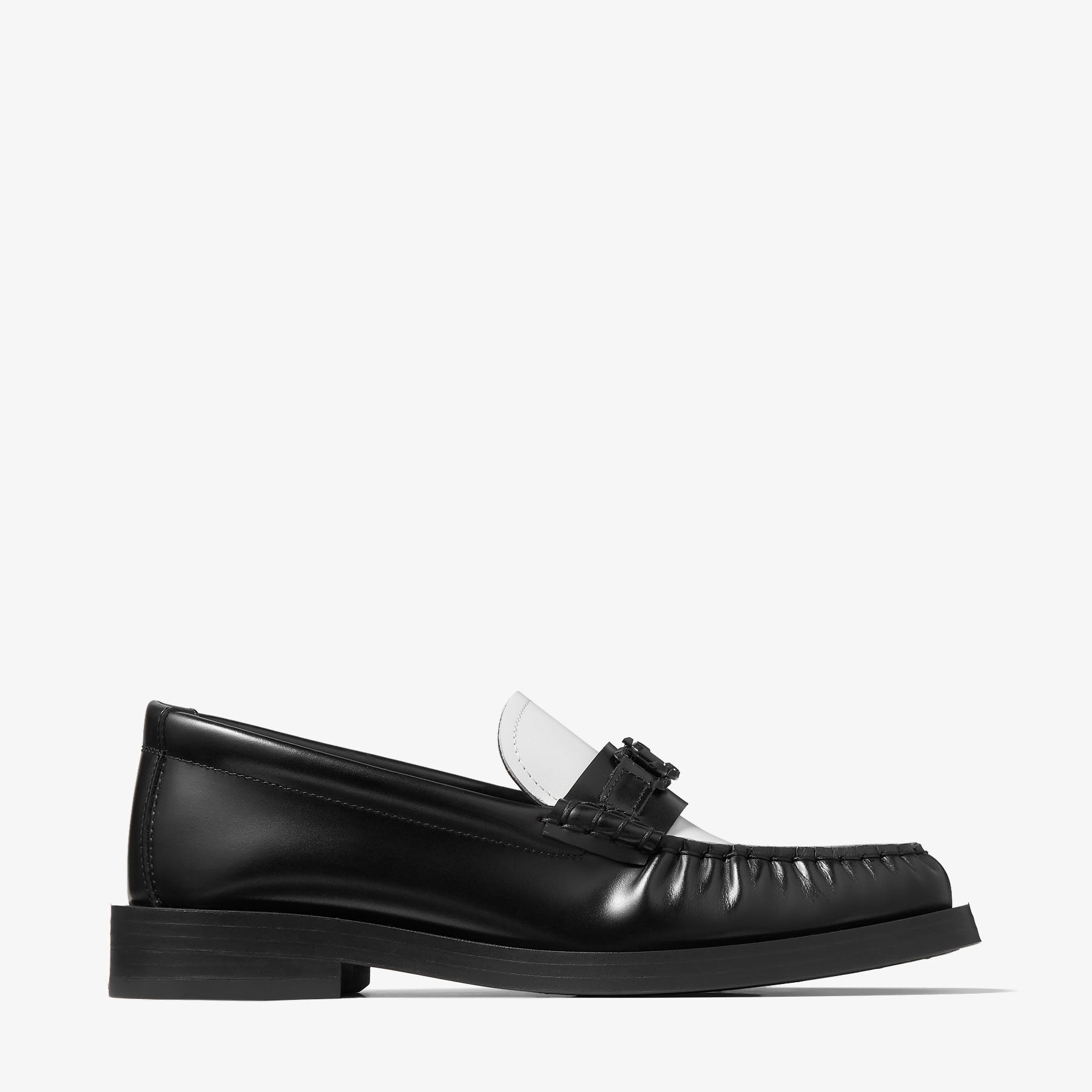 Addie/JC
Black and Latte Box Calf Leather Flat Loafers with JC Emblem - 1