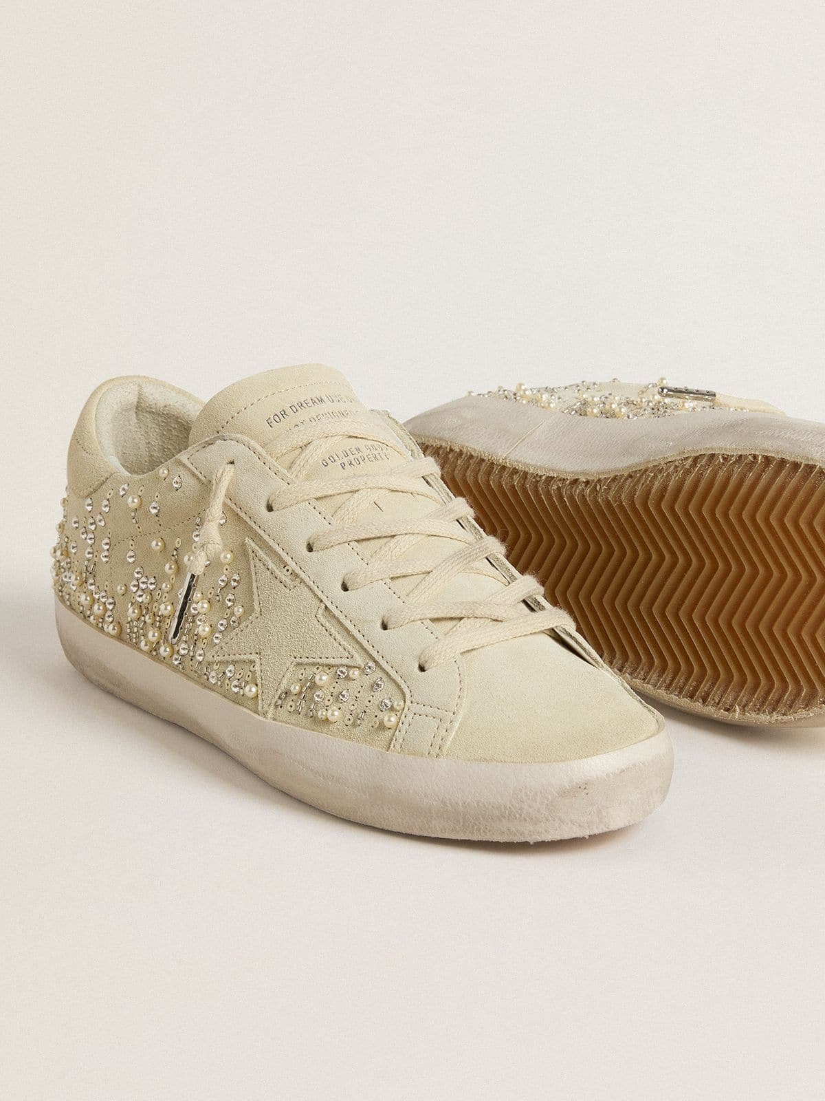 Women’s Super-Star in beige suede with pearls and Swarovski crystals - 3
