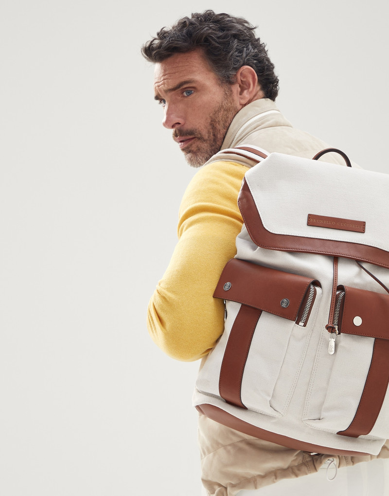 Brunello Cucinelli Canvas and vintage calfskin leisure backpack outlook
