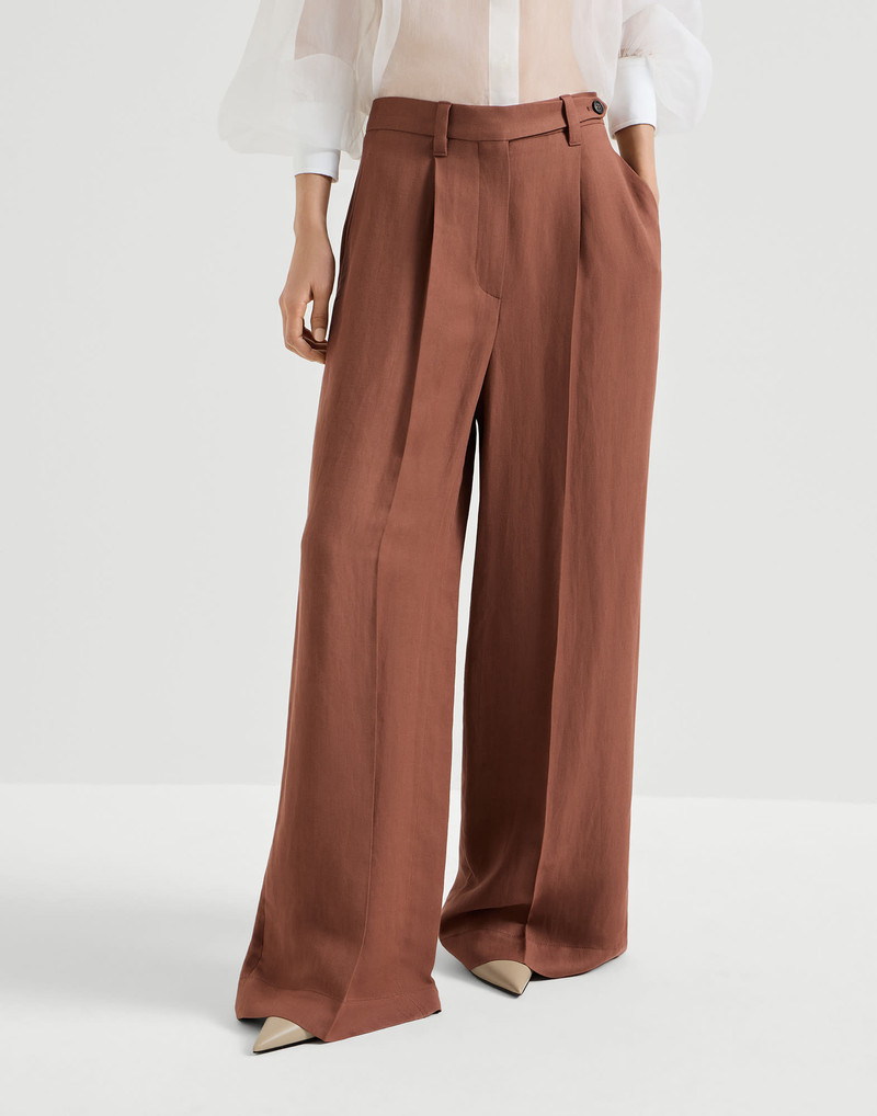 Viscose and linen fluid twill wide trousers with monili 2