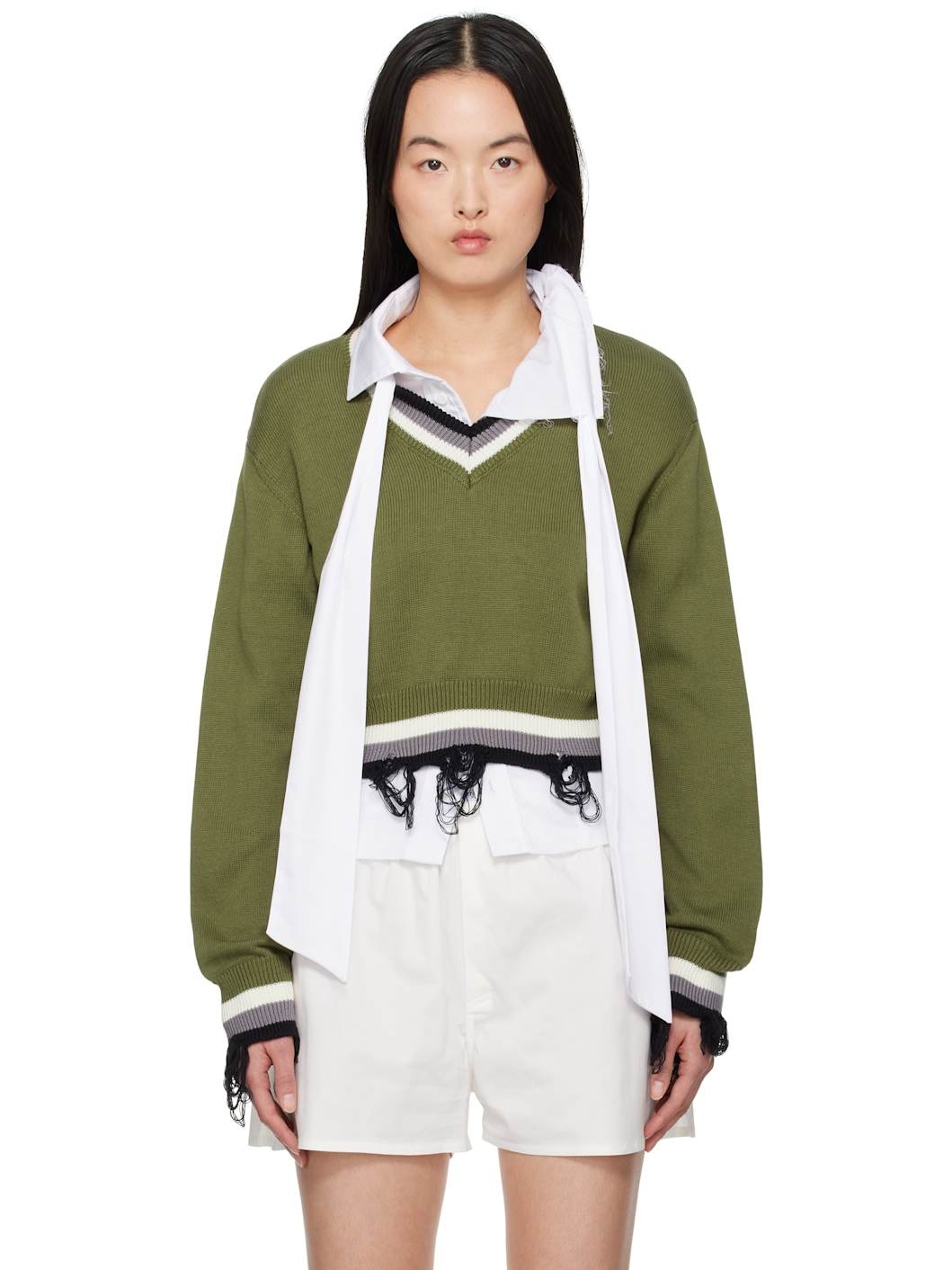 Green Cropped V-neck Sweater - 1