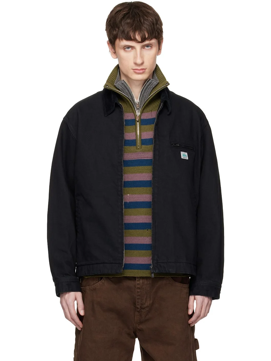 Black Cord Collared Zip-Up Denim Jacket - 1