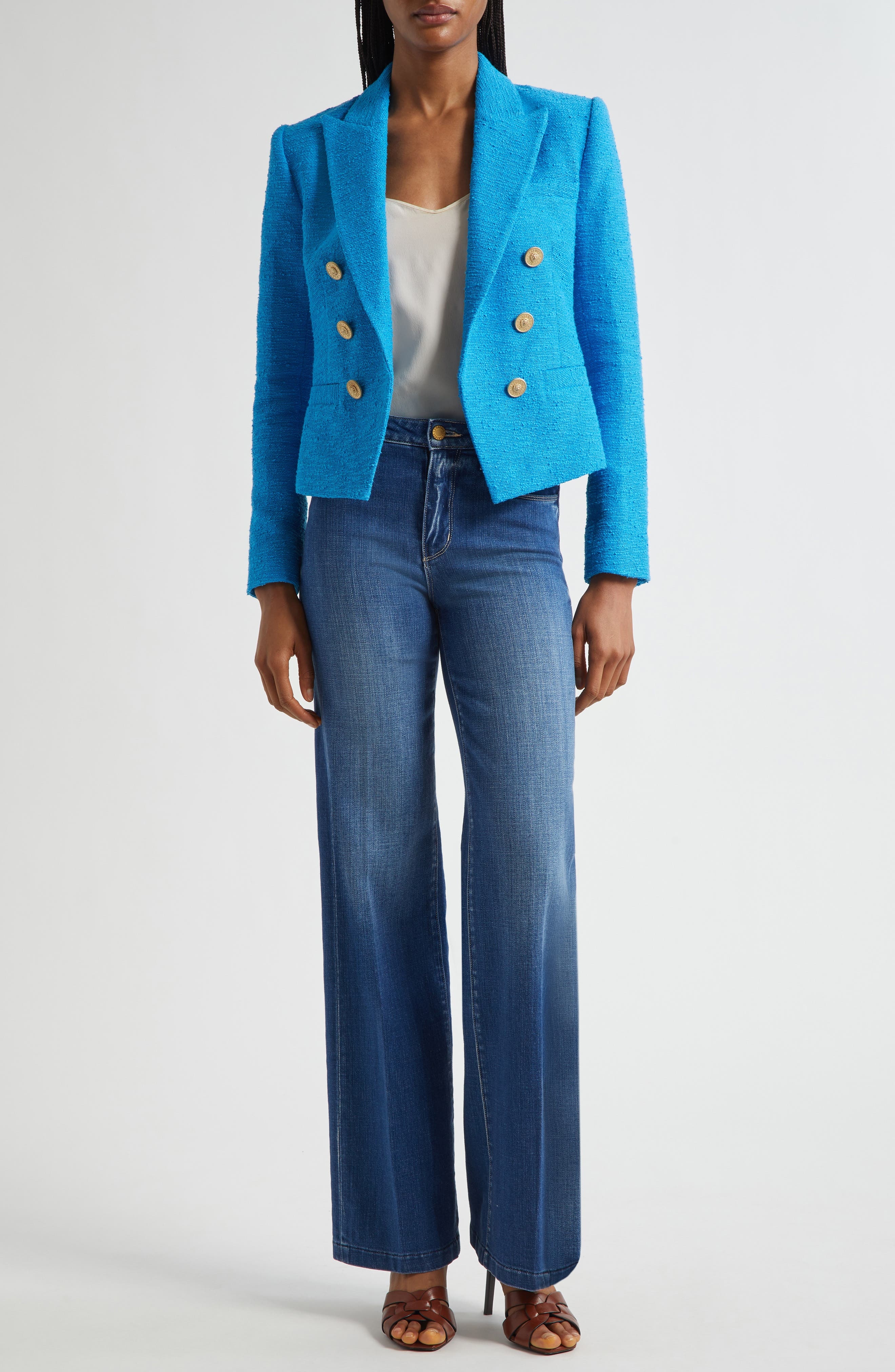 L'AGENCE Brooke Double Breasted Crop Cotton Blend Blazer in Dresden Blue/Gold Chain at Nordstrom - 2