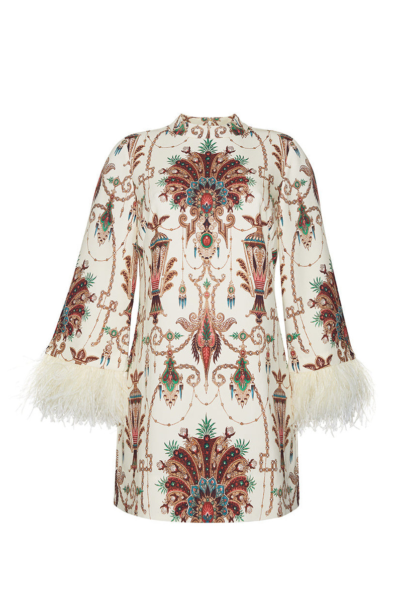 Vida Dress Feather-Trimmed, Medallion-Printed, Mod-Inspired Flair 1