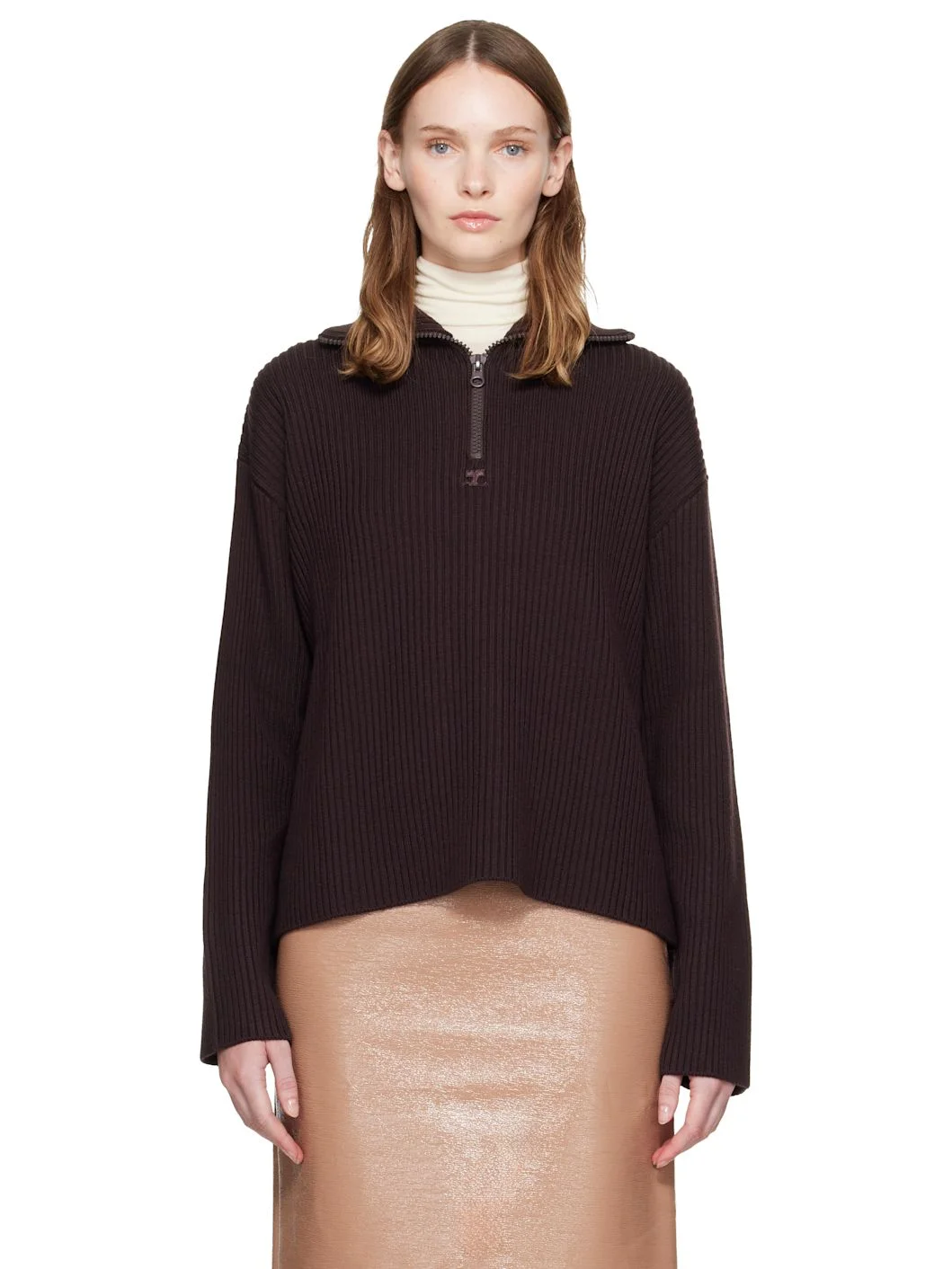 Brown Ribbed Wool Trucker Sweater - 1