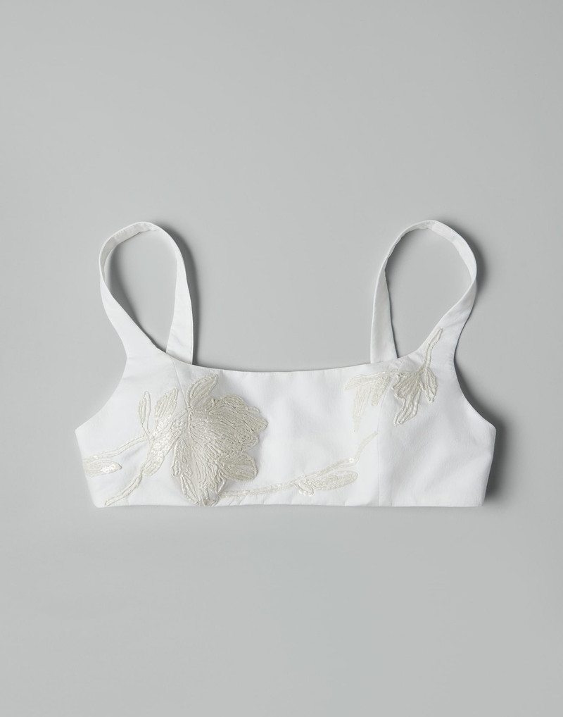 Lightweight wrinkled cotton poplin crop top with dazzling magnolia embroidery 1