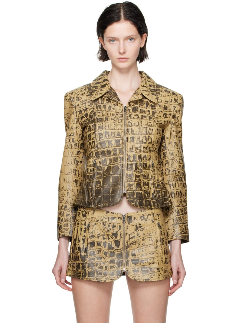 Beige Croc-Embossed Leather Jacket 1