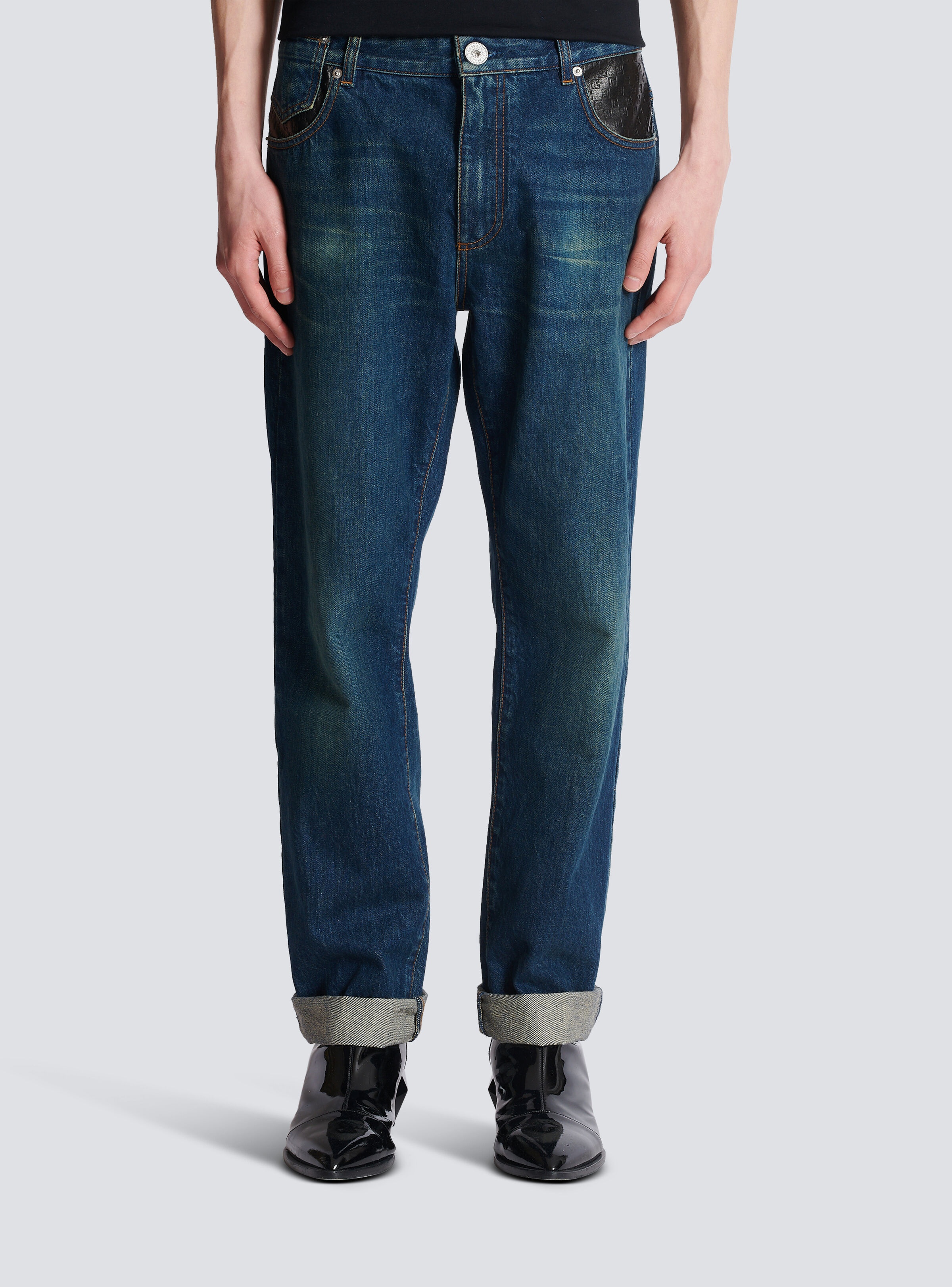 Straight-leg jeans with leather pockets - 5