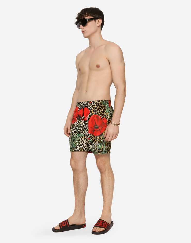 Mid-length swim trunks with poppy print - 2