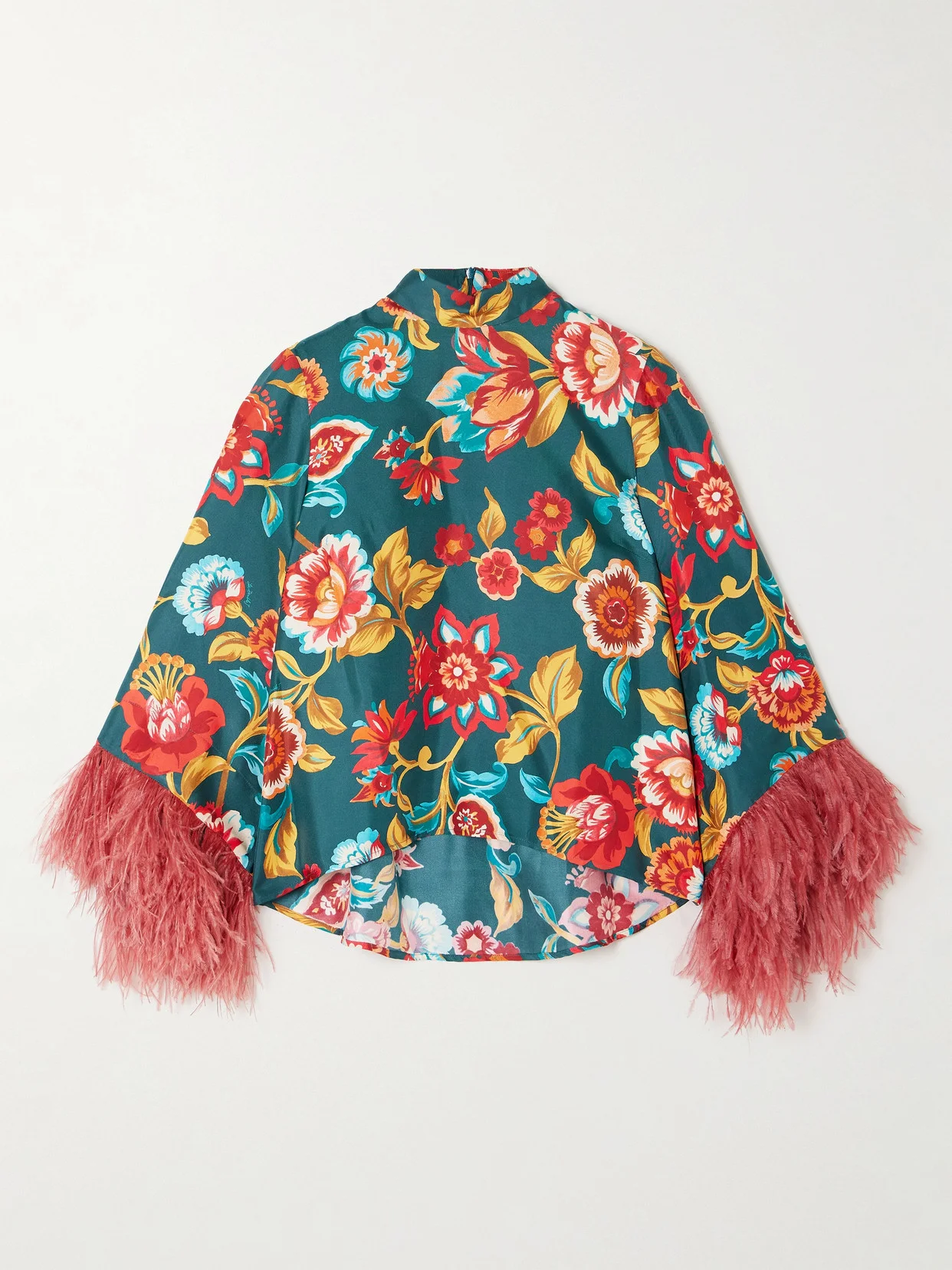 Make An Exit Feather-trimmed Floral-print Silk-twill Top - 1