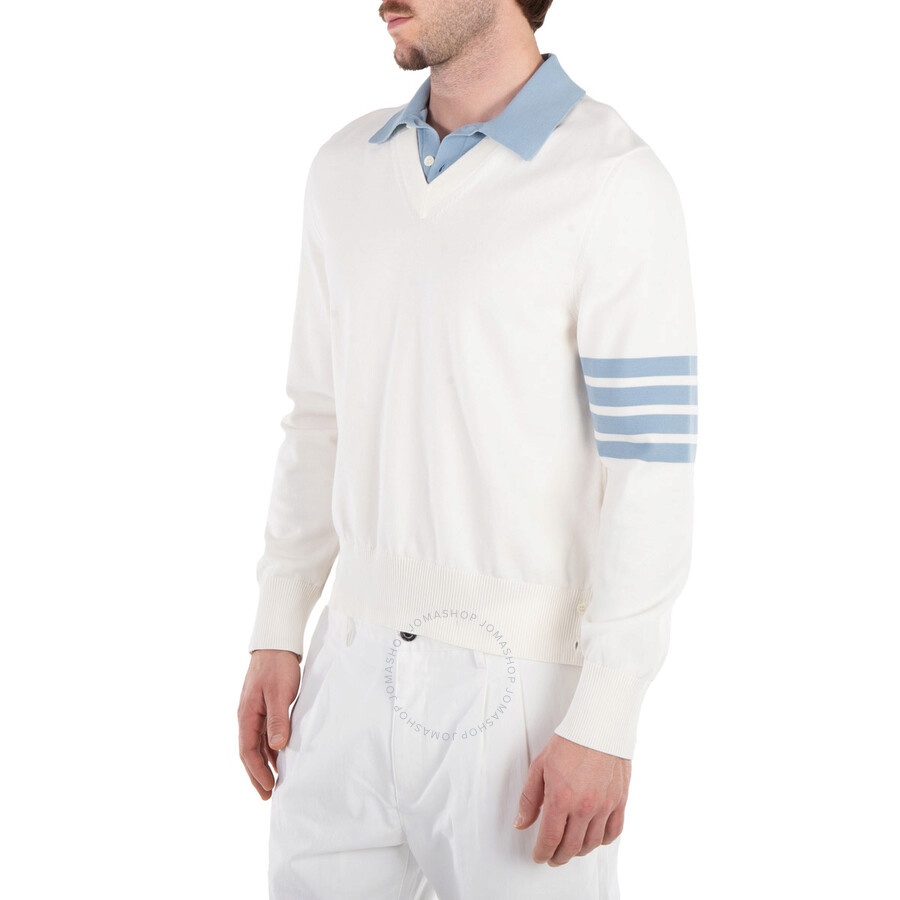 Thom Browne Men's Jersey 4-Bar V Neck Polo Pullover in White - 2