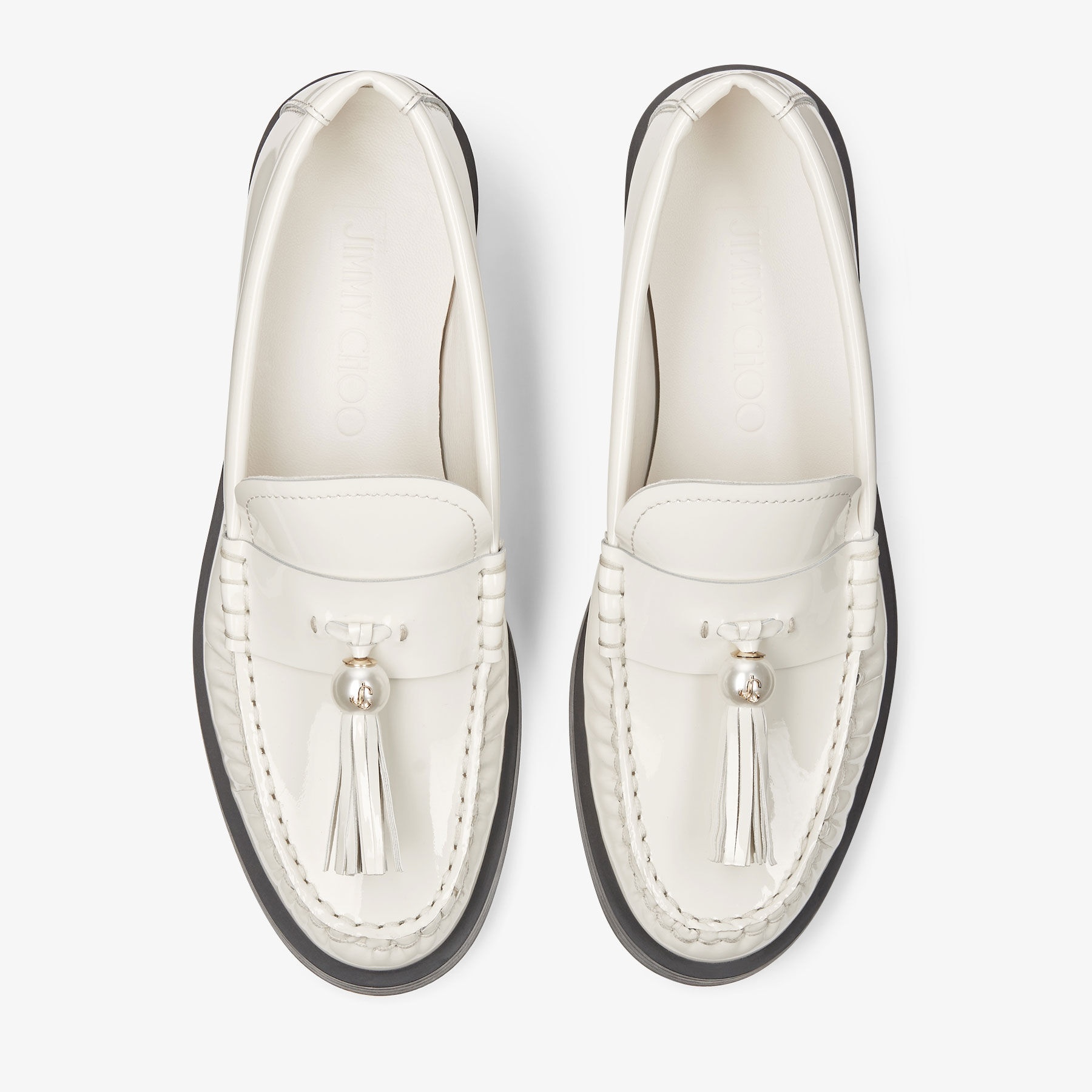 Addie/Pearl
Latte Patent Leather Flat Loafers with Pearl Tassel - 4