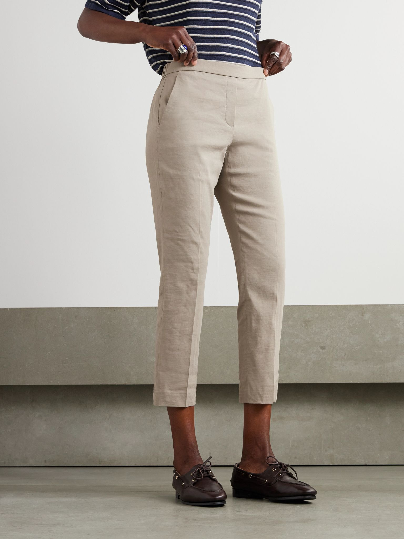 Stretch organic linen-blend straight-leg pants Taupe - 3