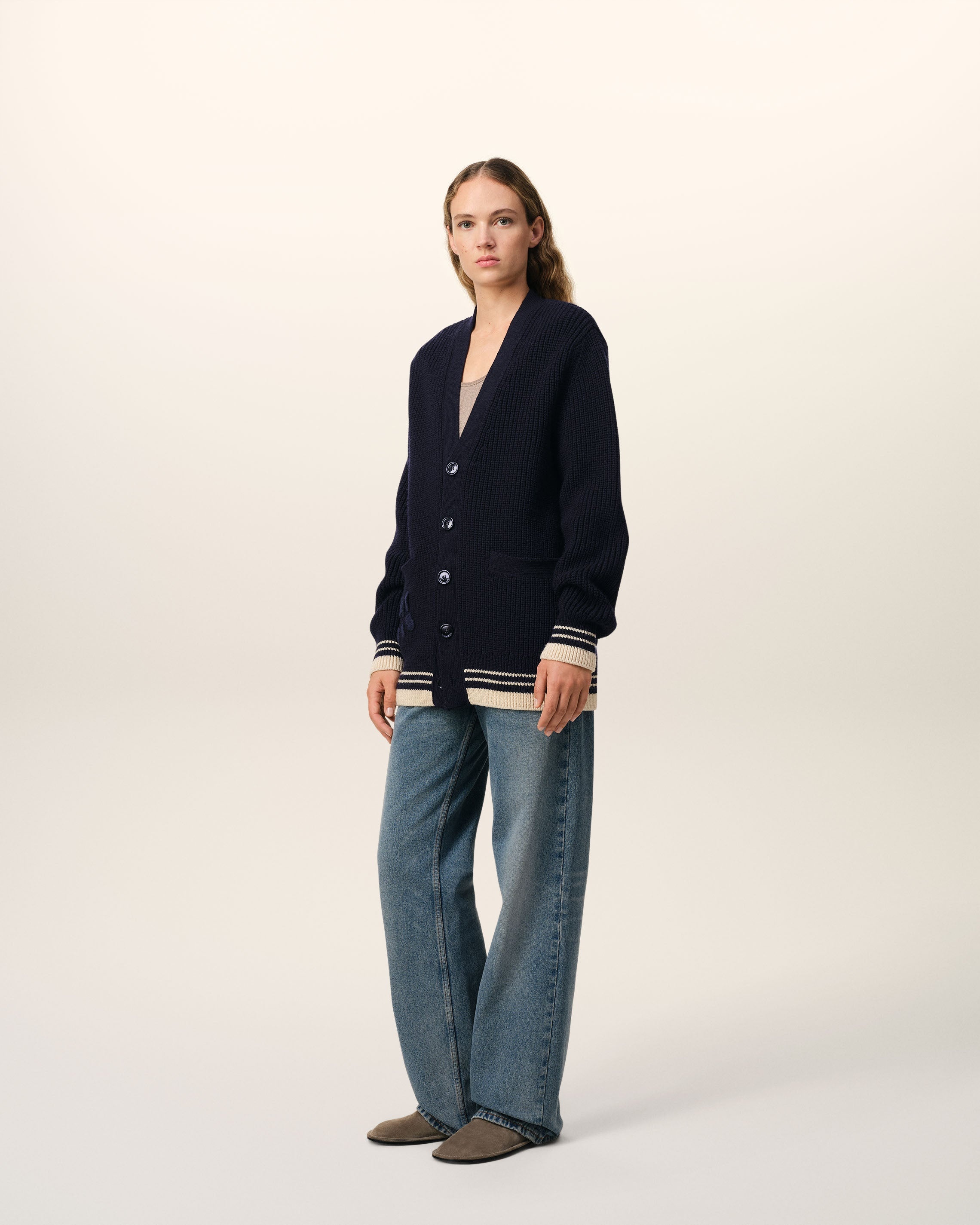 NAVY WOOL RIBBED SWEATER - 6