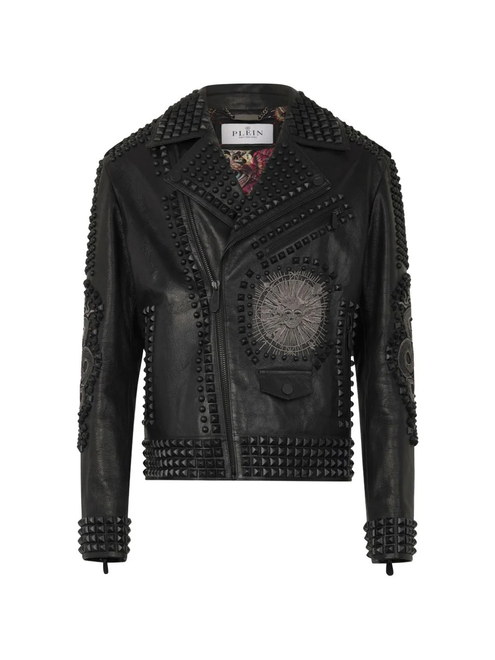 studs embroidered leather biker jacket - 1