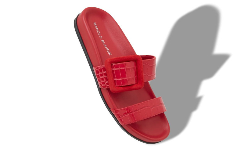 Manolo Blahnik Red Calf Leather Buckle Detail Flat Mules outlook