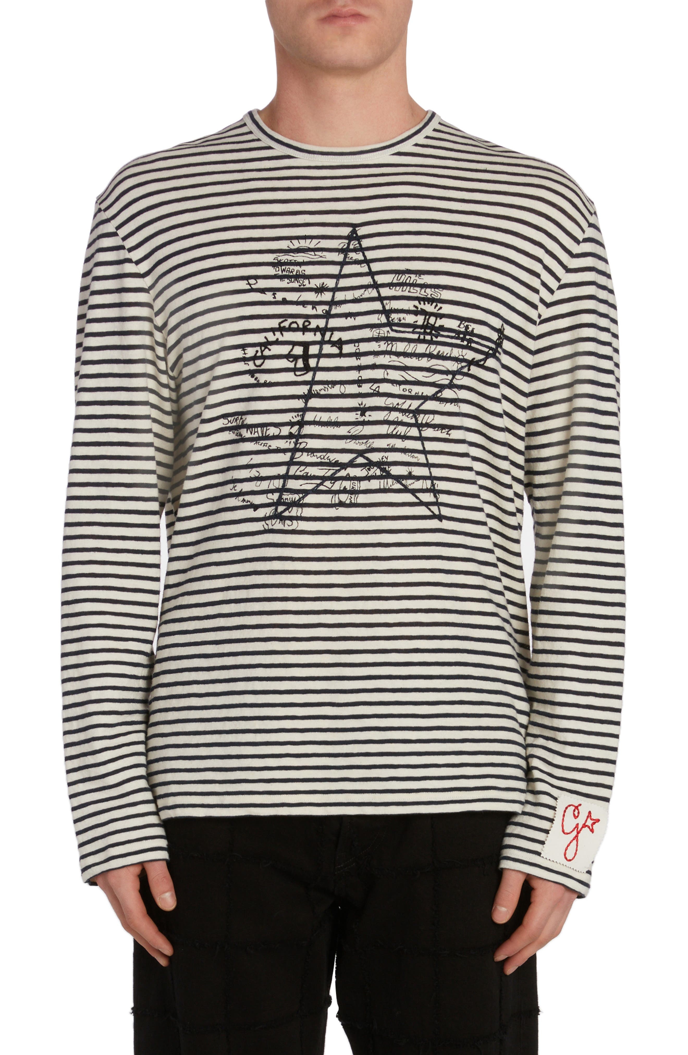 Golden Goose Embroidered Graffiti Stripe Cotton & Linen Long Sleeve T-Shirt in Ecru/Mazarine Blue at - 1