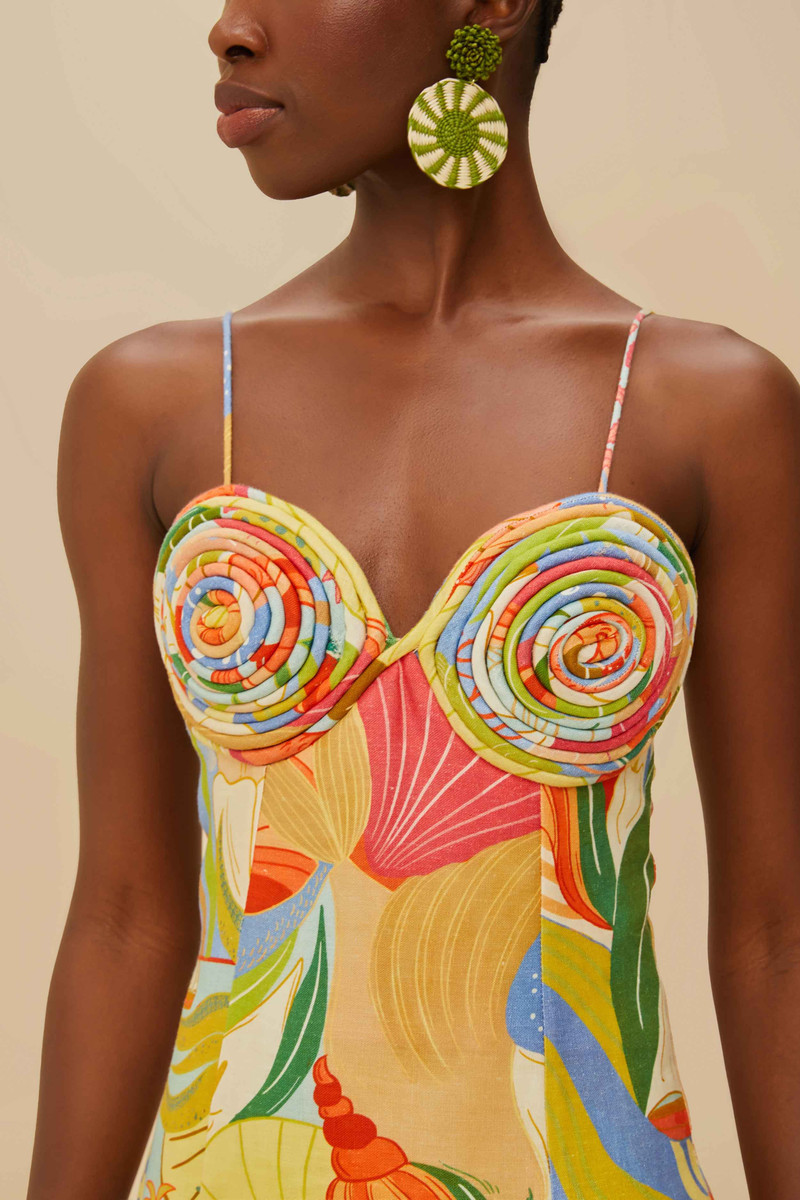 FARM RIO Multicolor Ocean View Twisted Cups Euroflax™ Premium Linen Midi Dress outlook