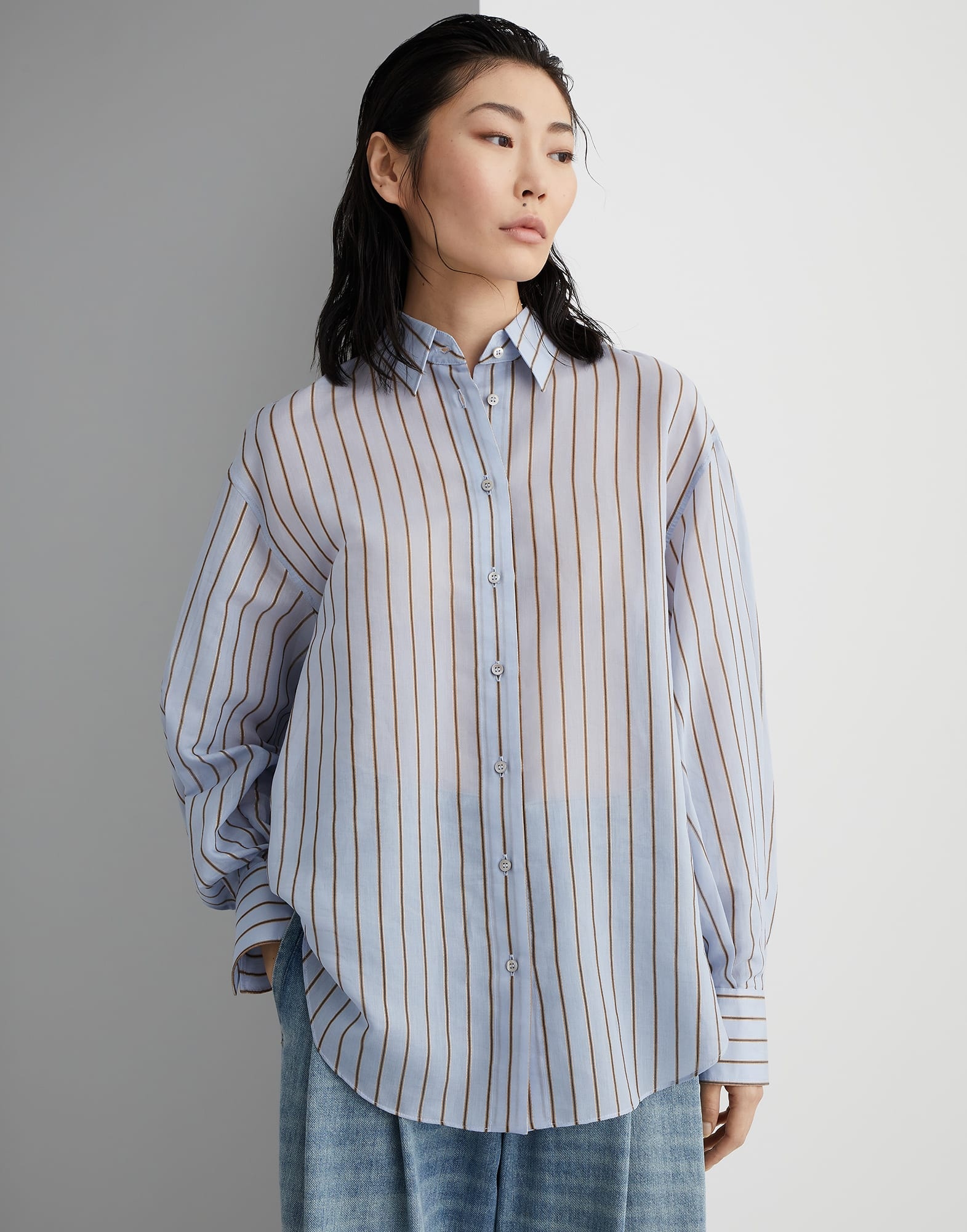 Cotton and silk sparkling stripe poplin shirt with monili - 1