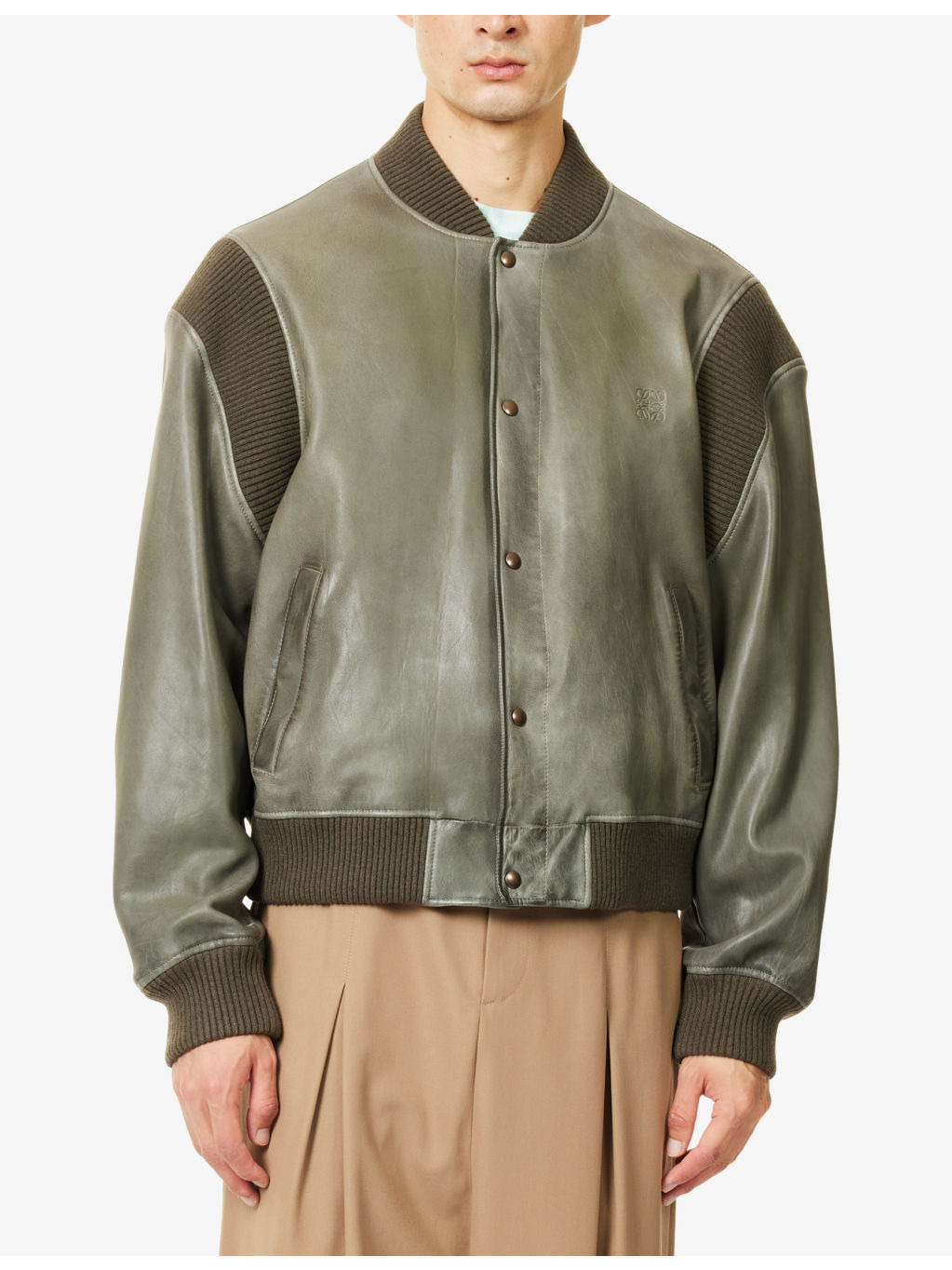 De-Bossed Logo Ribbed-Trims Leather Bomber Jacket - 3