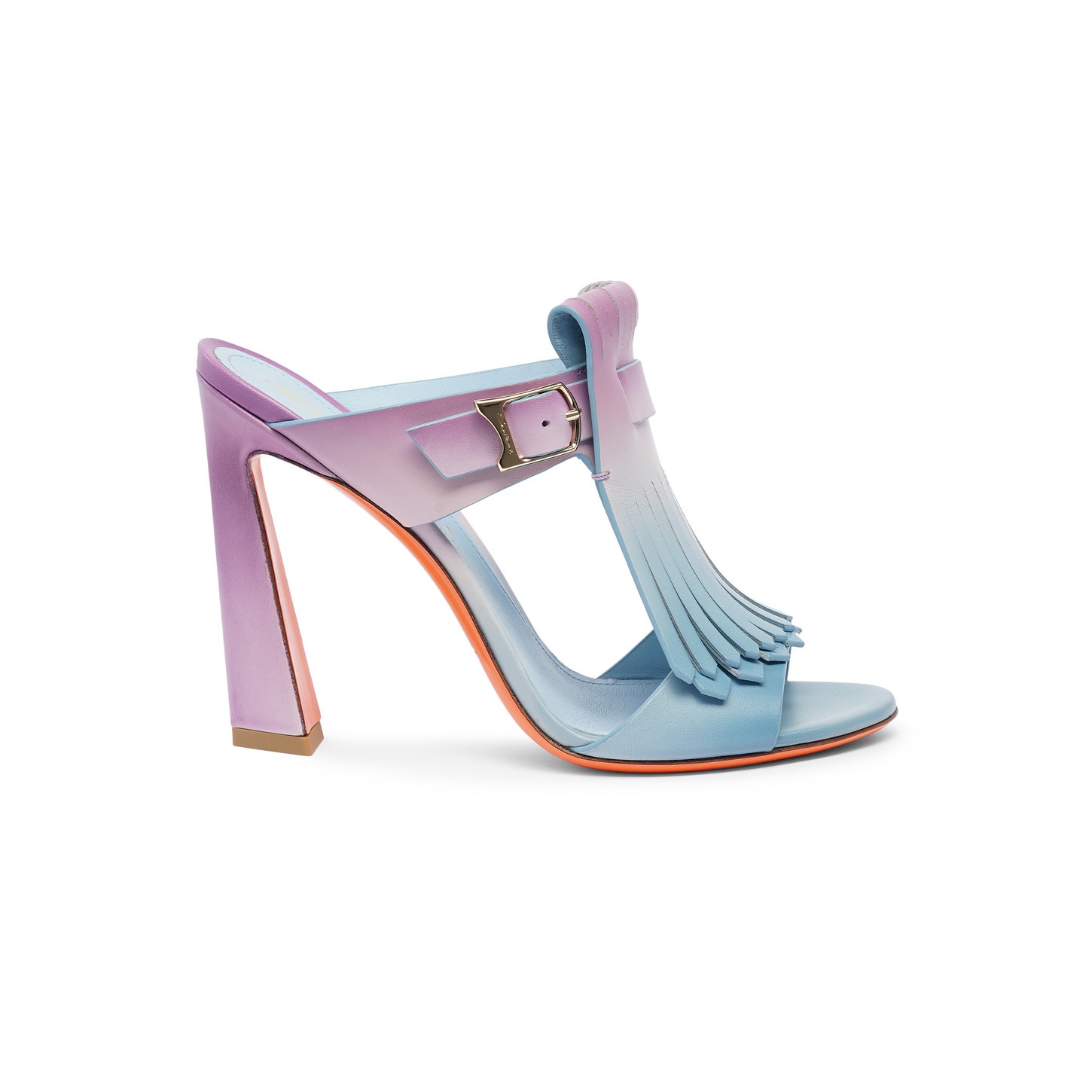 Women's purple and light blue leather high-heel Dua slide sandal with fringe - 1