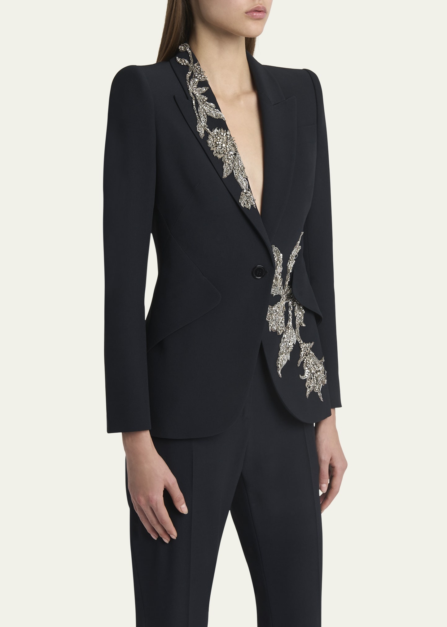 Floral Crystal One-Button Crepe Blazer - 4