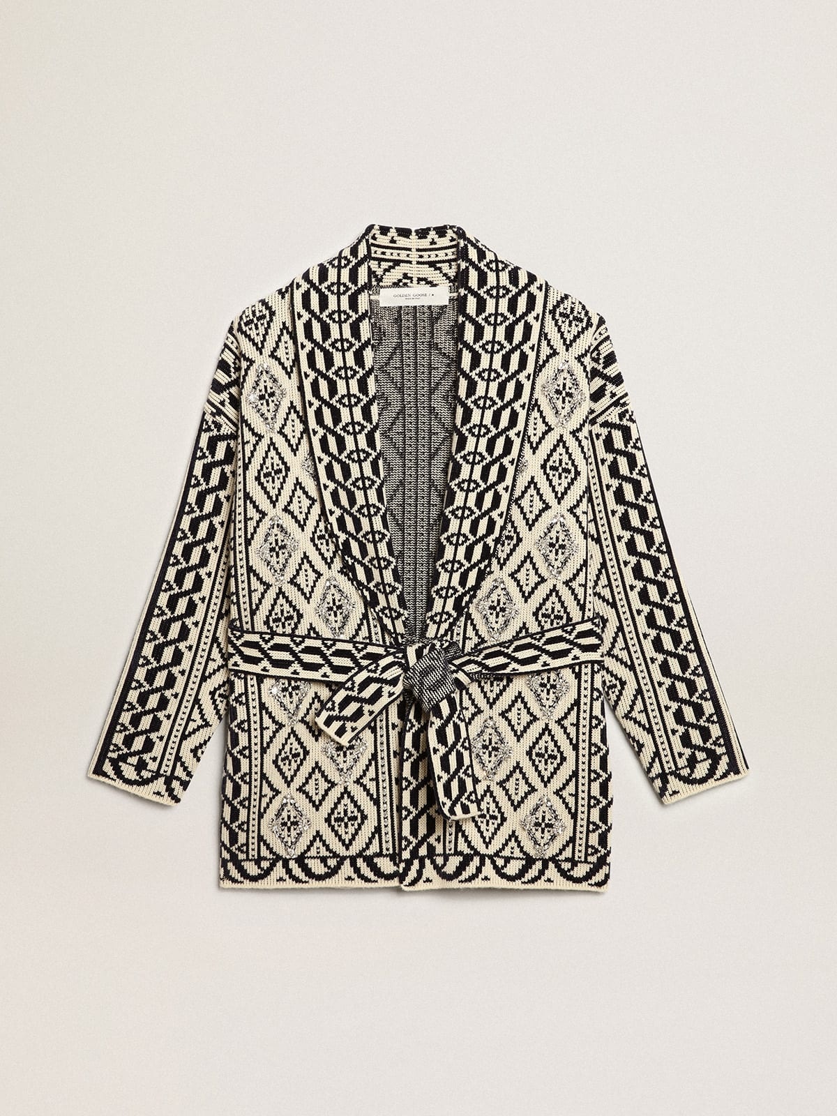 Cardigan in papyrus-colored wool with jacquard motif and crystals - 1