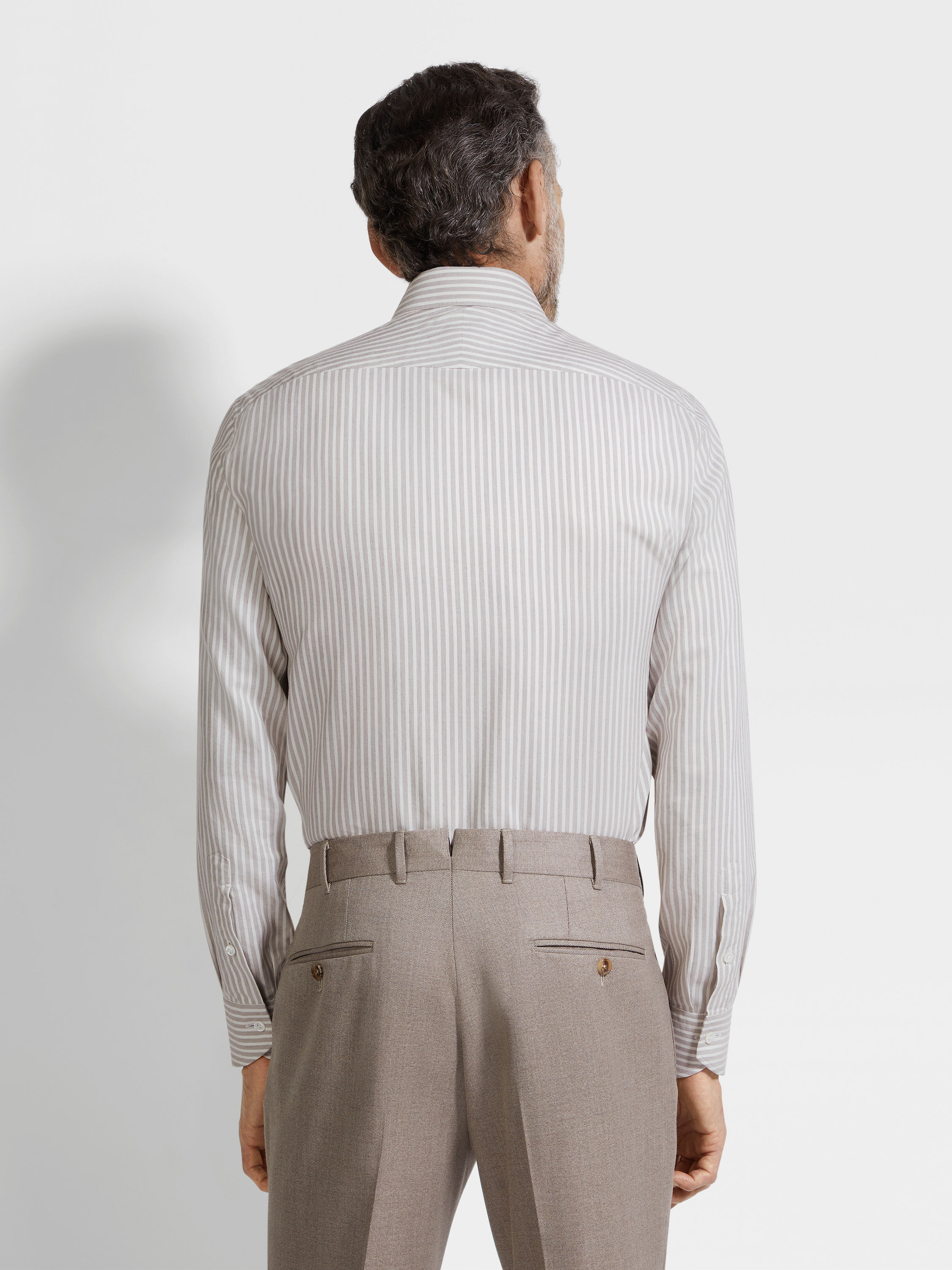 BROWN AND WHITE STRIPED SILK AND COTTON BLEND SHIRT - 5
