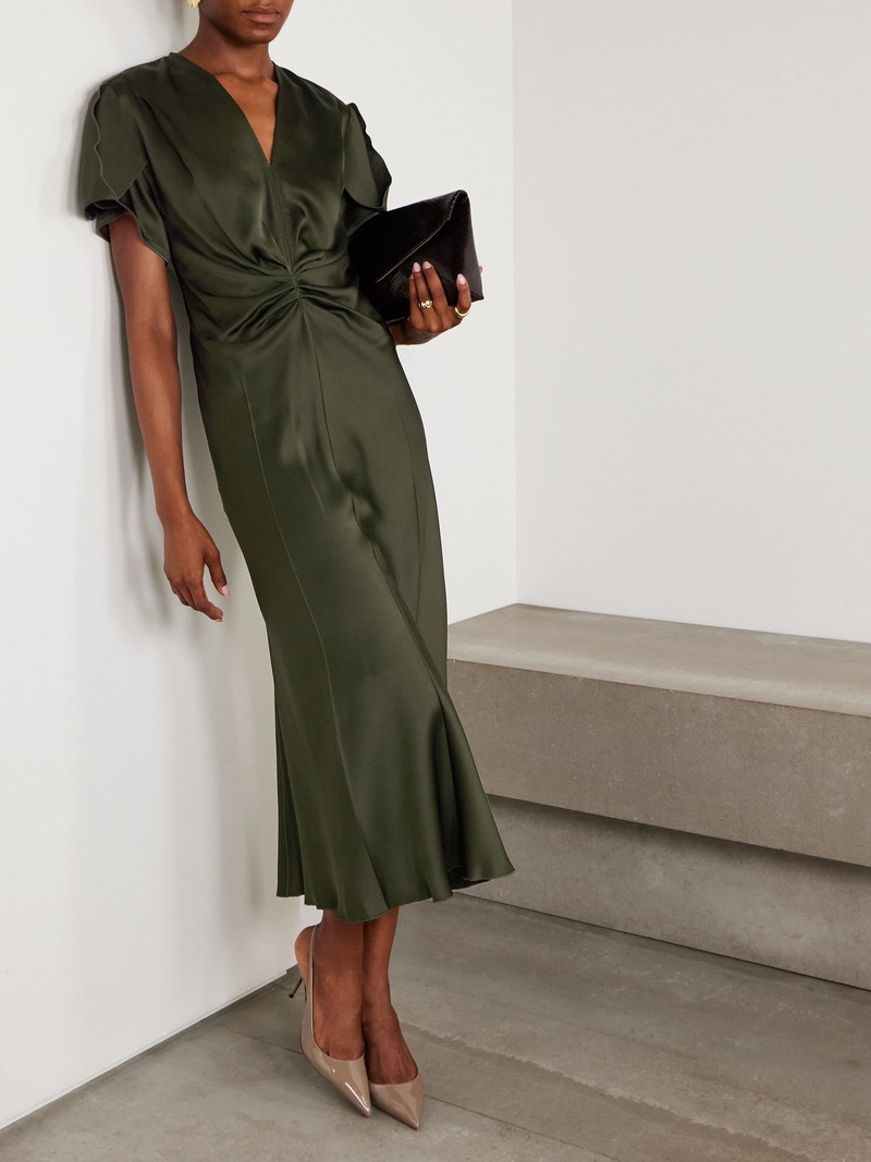 Victoria Beckham Bella gathered satin midi dress Dark green outlook