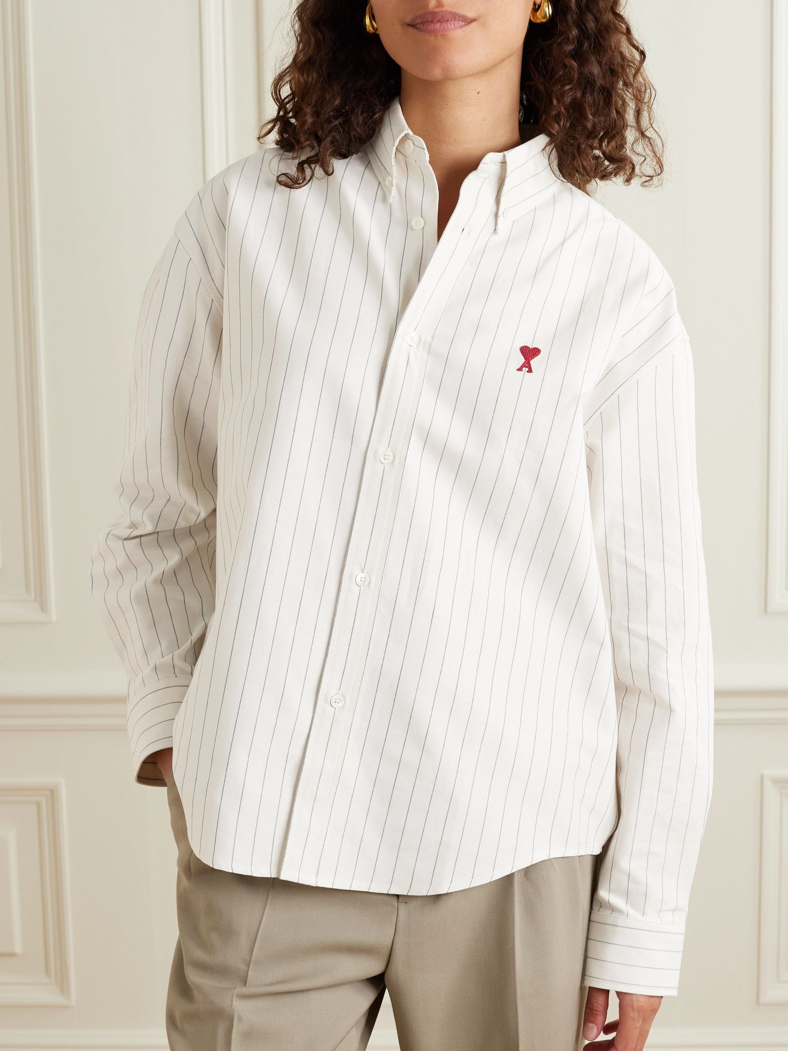 Embroidered striped cotton Oxford shirt Light gray - 3