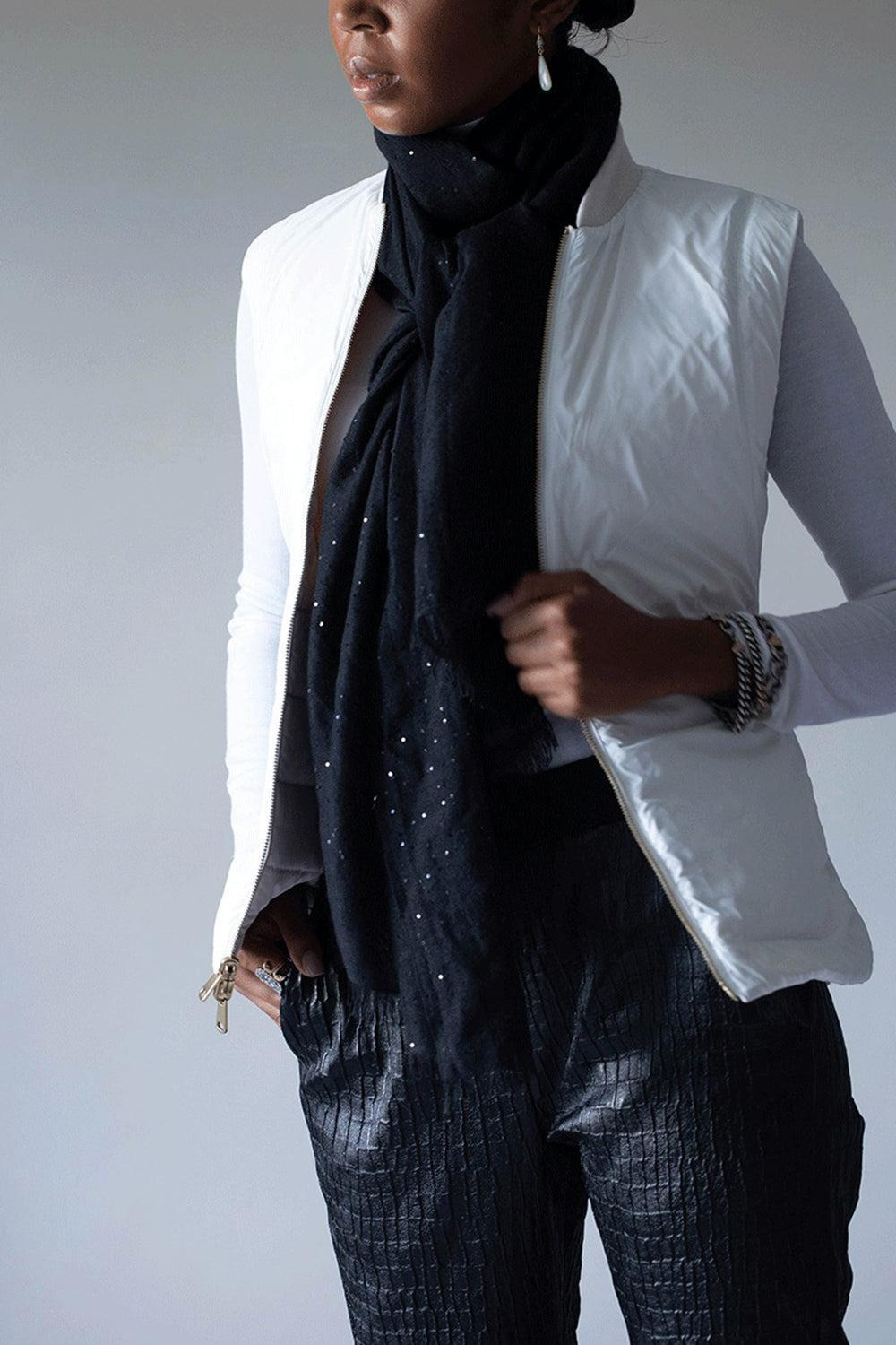 Black Cashmere Silk and Paillette Scarf - 3