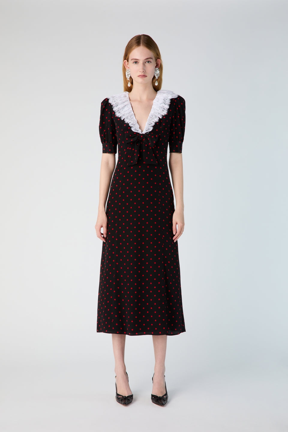 POLKA DOT PRINT SILK DRESS WITH LACE COLLAR, BOW - 4