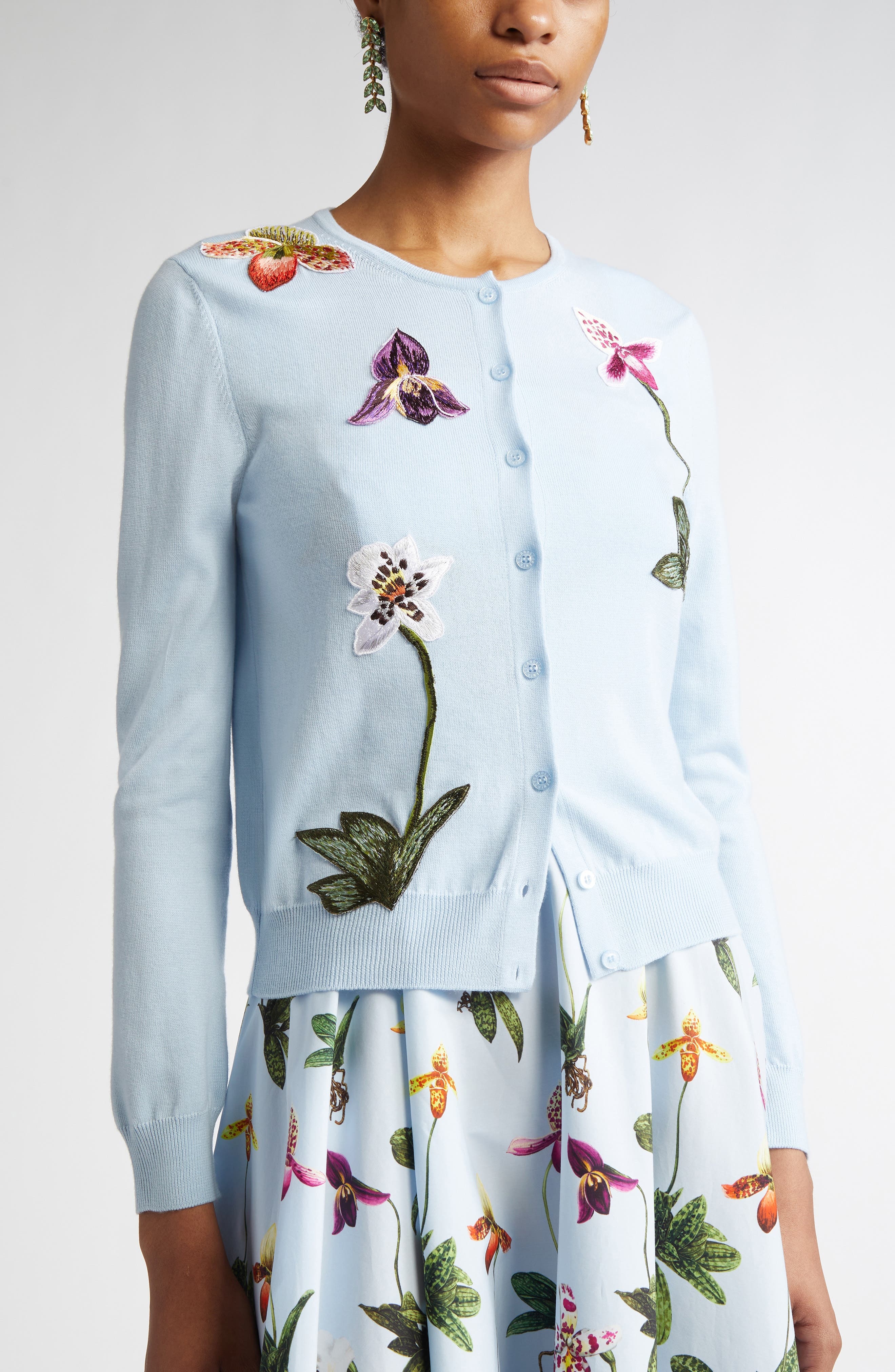 Oscar de la Renta Orchid Embroidered Virgin Wool Cardigan in Light Blue at Nordstrom - 5