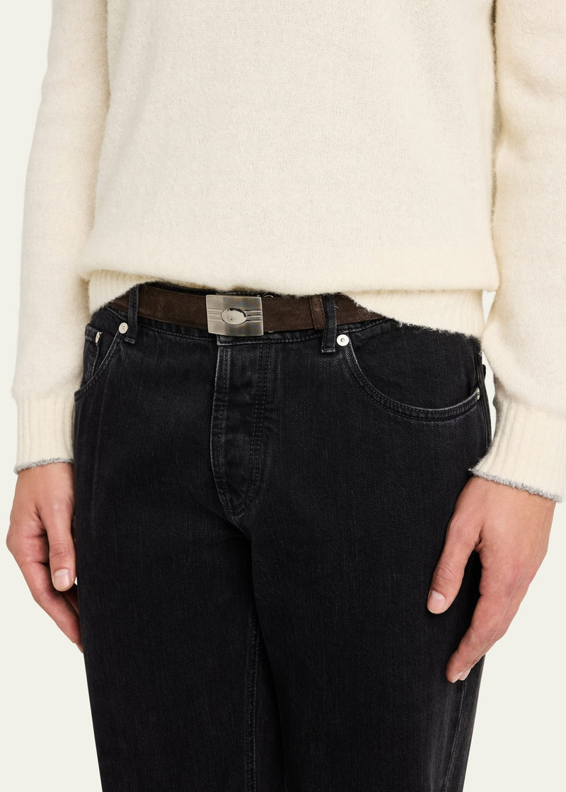 Brunello Cucinelli Men's Suede Rectangle-Buckle Belt outlook