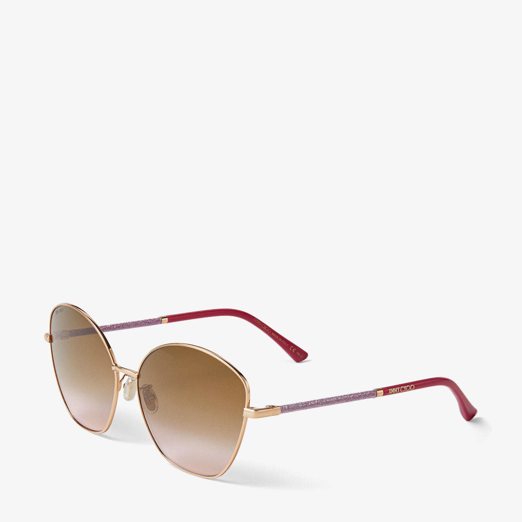 Marilia
Copper Gold Cat-Eye Sunglasses with Brown and Pink Shaded Lenses and Glitter Temples - 3