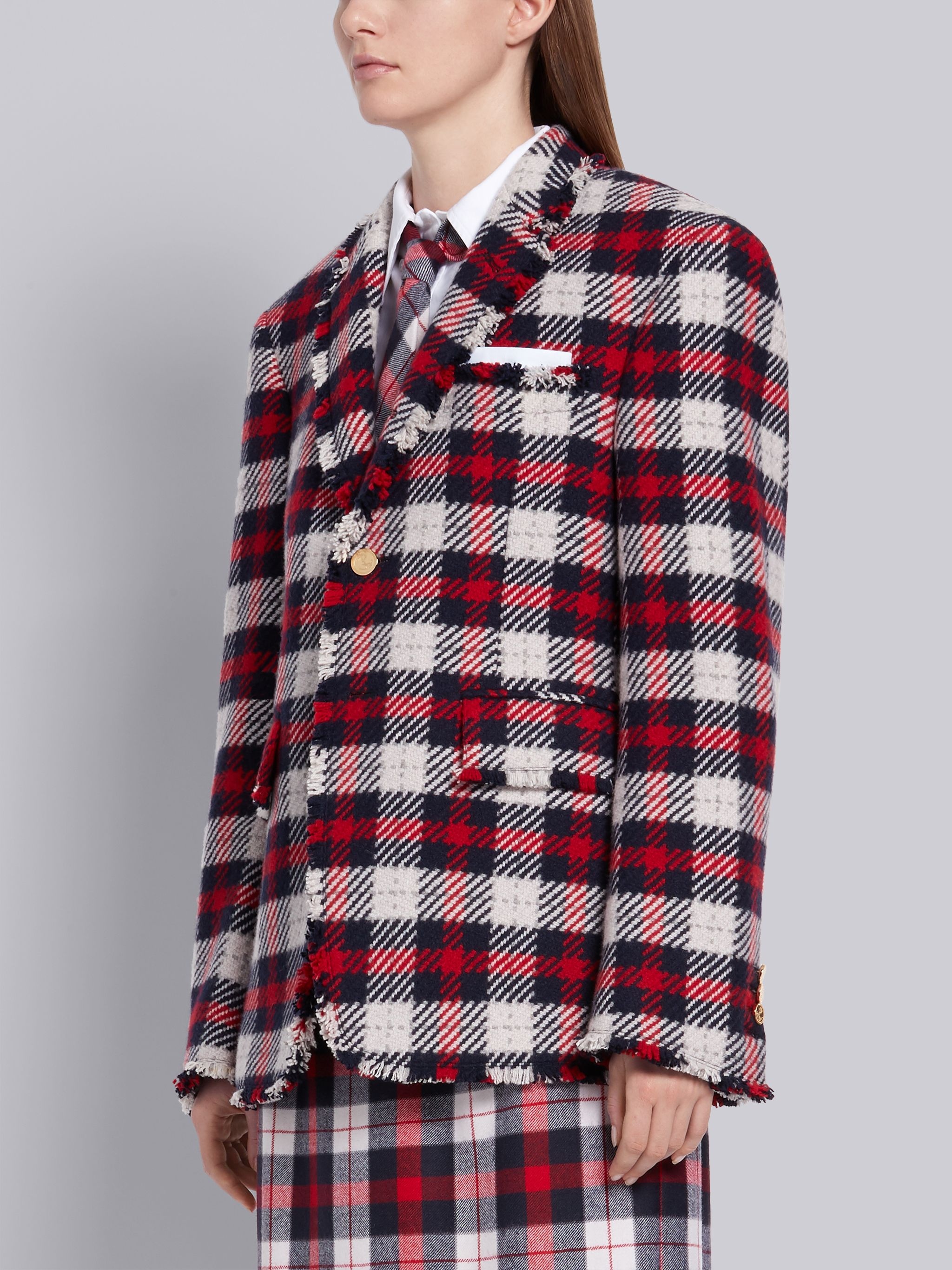 Tricolor Cashmere Tartan Check Tweed Frayed Nipped Waist Ticket Pocket Jacket - 2